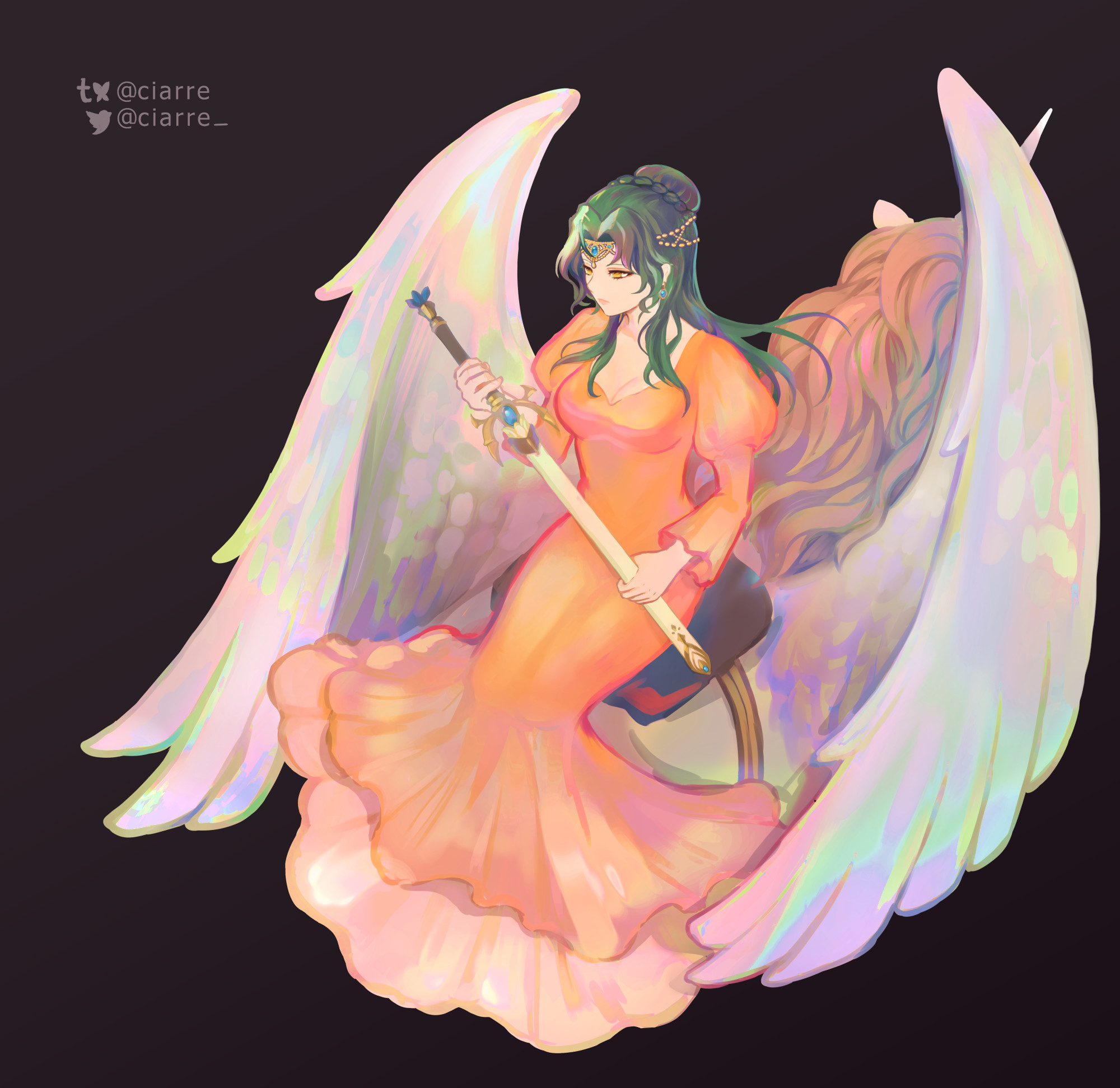 1girl artist_name bluesky_username breasts ciarre circlet commentary dress elincia_ridell_crimea english_commentary fire_emblem fire_emblem:_path_of_radiance full_body green_hair highres holding holding_sword holding_weapon horns large_breasts long_dress long_hair nintendo orange_dress pegasus single_horn sitting solo sword tumblr_username twitter_username wavy_hair weapon wings yellow_eyes