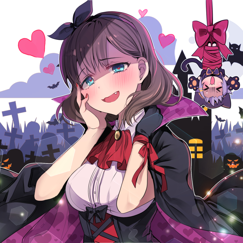 &gt;_&lt; 2girls animal_ears animal_hands ascot bat_(animal) black_cloak black_corset black_gloves blue_eyes blush bow bowtie breasts brown_hair building cat_ears cat_tail chibi chocho_(homelessfox) cloak cloud corset dot_nose fake_animal_ears fake_tail fang gloves graveyard hair_flaps hair_ornament hairband hairclip halloween hand_on_own_face hands_up heart heart_in_eye heart_print idolmaster idolmaster_cinderella_girls idolmaster_cinderella_girls_starlight_stage jack-o&#039;-lantern koshimizu_sachiko lens_flare light_particles looking_at_viewer medium_breasts multiple_girls nail_polish open_mouth paw_gloves print_cloak purple_bow purple_bowtie purple_hair purple_hairband red_ascot red_nails red_ribbon ribbon sakuma_mayu shirt short_hair single_glove smile symbol_in_eye tail two-sided_cloak two-sided_fabric underbust upside-down wavy_mouth white_shirt window wrist_ribbon yandere