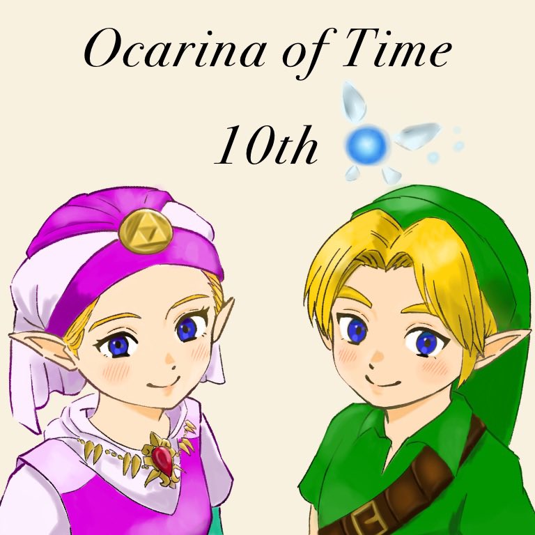 1boy 1girl aqua_sleeves belt blonde_hair blue_eyes brooch brown_background brown_belt child closed_mouth collared_shirt commentary_request copyright_name dress fairy gem green_hat green_tunic hat imokuma jewelry leather_belt light_blush link looking_at_viewer navi nintendo pink_dress pink_hat pointy_ears princess_zelda red_gemstone shirt shoulder_belt simple_background smile the_legend_of_zelda the_legend_of_zelda:_ocarina_of_time triforce tunic two-tone_dress two-tone_hat upper_body young_link young_zelda
