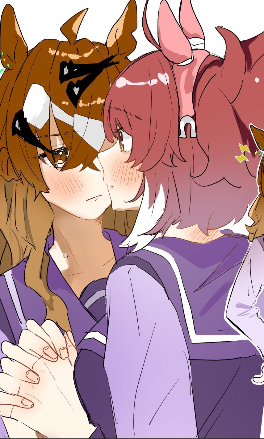 2girls :/ ahoge animal_ears blush brown_eyes brown_hair commentary crossed_bangs dantsu_flame_(umamusume) ear_covers face-to-face hair_ornament hairband highres holding_hands horse_ears horse_girl horseshoe_ornament interlocked_fingers jungle_pocket_(umamusume) long_hair maru324 multiple_girls notched_ear pink_hairband purple_shirt red_hair sailor_collar sailor_shirt school_uniform shirt tracen_school_uniform umamusume upper_body winter_uniform yuri