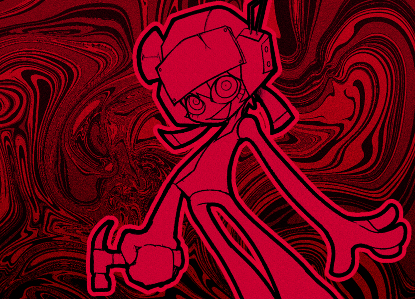 black_outline c&#039;venash_vishneri evil_smile eyelashes hammer helmet holding holding_hammer karbonicc lower_eyelashes_only open_mouth outline outstretched_arms pants psychopomp_(game) psychopomp_(helmet) radio_antenna red_background red_theme simple_background smile spread_arms strap tokiko_(psychopomp) toon_(style) vest wide-eyed
