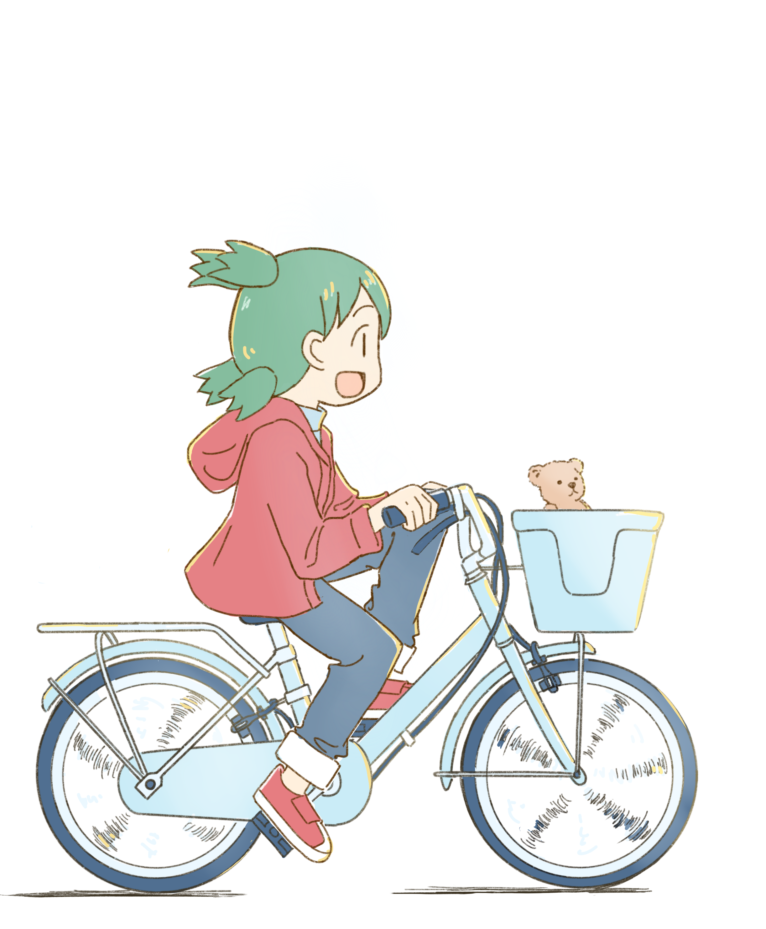 1girl absurdres bicycle bicycle_basket commentary_request denim duralumin from_side full_body green_hair highres hood hood_down hooded_jacket jacket jeans koiwai_yotsuba long_sleeves open_mouth pants profile quad_tails ra_ru_ni riding riding_bicycle smile solo stuffed_animal stuffed_toy teddy_bear yotsubato!