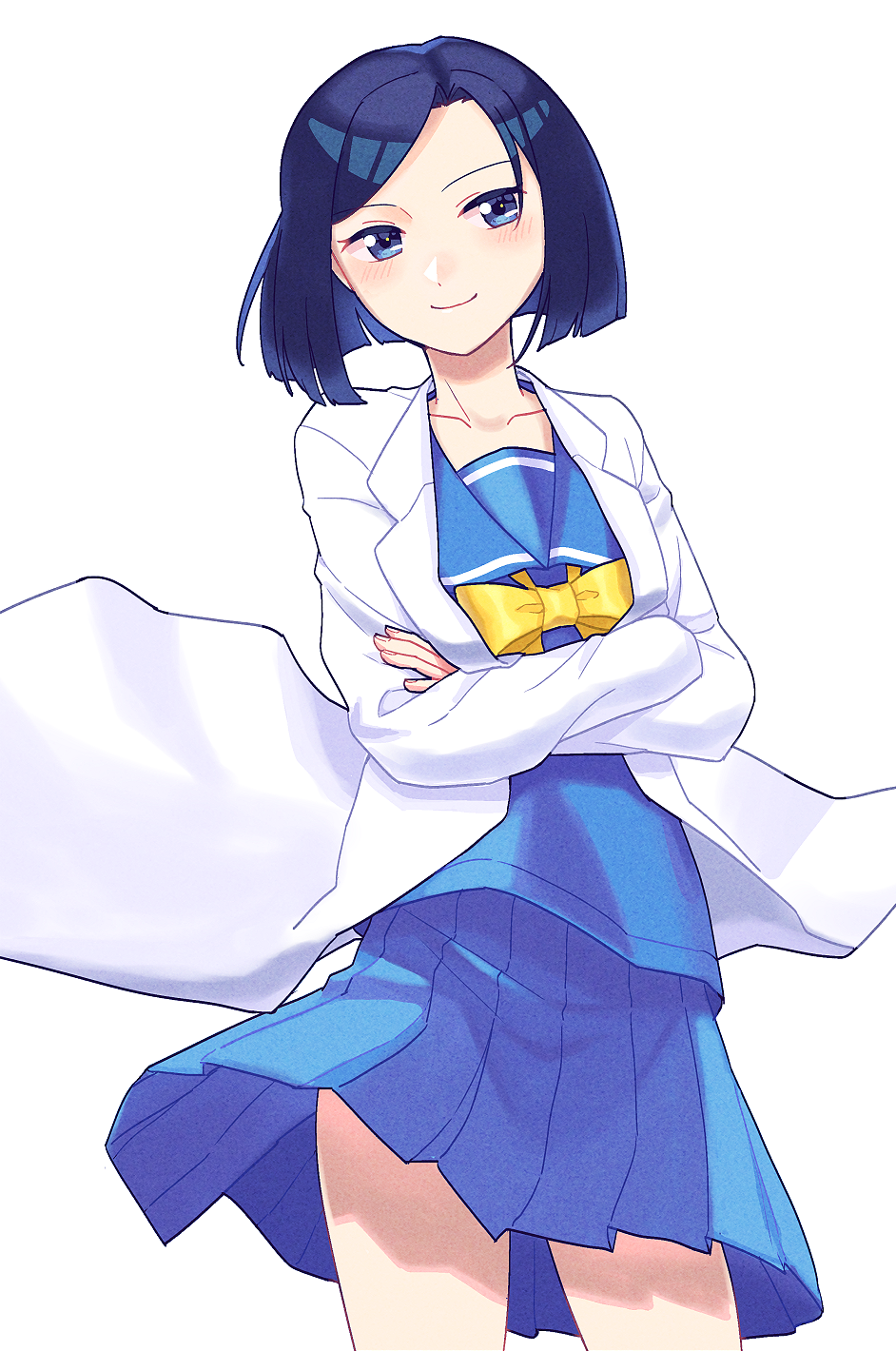 1girl blue_eyes blue_shirt blue_skirt blush bow crossed_arms highres kirameki_high_school_uniform kooriyama_aki lab_coat rato_(pixiv84490848) school_uniform shirt short_hair simple_background skirt smile solo standing tokimeki_memorial tokimeki_memorial_4 white_background yellow_bow