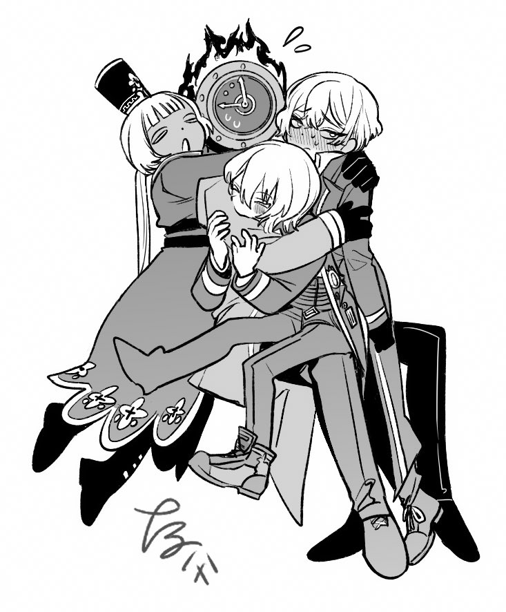 &gt;_&lt; 1boy 1other 2girls blush boots charon_(project_moon) clock dante_(limbus_company) don_quixote_(project_moon) dress fire gloves greyscale group_hug happy hug limbus_company long_hair long_sleeves low_twintails monochrome multiple_girls object_head open_mouth pants project_moon short_hair sinclair_(project_moon) sitting smile sweat tama_launcher twintails very_long_hair