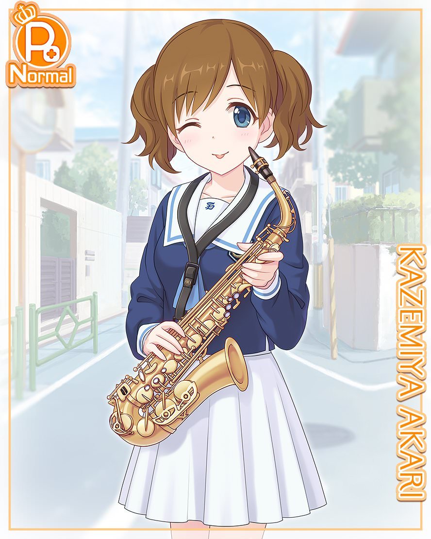 1girl akari_(princess_connect!) akari_(real)_(princess_connect!) blouse blue_eyes blue_shirt brown_hair card_(medium) character_name cygames female_focus holding holding_instrument holding_saxophone instrument official_art one_eye_closed princess_connect! saxophone school_uniform shirt solo tongue tongue_out two_side_up