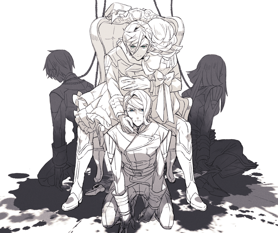 2girls 3boys almiria_bauduin blood brother_and_sister carta_issue chair dress ebira ein_dalton gaelio_bauduin greyscale gundam gundam_tekketsu_no_orphans hug long_hair mcgillis_fareed monochrome multiple_boys multiple_girls short_hair siblings uniform
