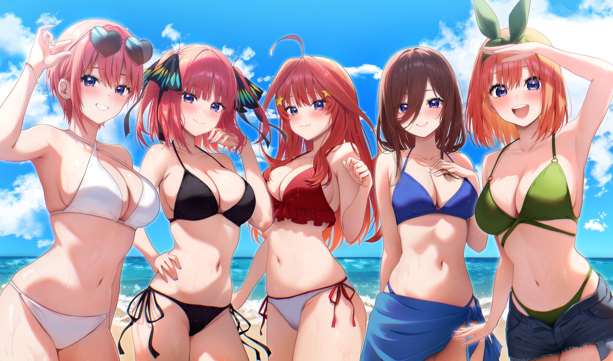 5girls :d ahoge arm_up beach bikini black_bikini blue_eyes blue_nails blue_sarong blue_sky bob_cut bracelet breasts brown_hair cleavage closed_mouth cloud collarbone commentary_request day denim denim_shorts ear_piercing eyewear_on_head go-toubun_no_hanayome green_bikini grin hair_ornament hand_on_own_hip heart heart-shaped_eyewear highres jewelry kurosaki_coco large_breasts long_hair medium_hair multiple_girls nakano_ichika nakano_itsuki nakano_miku nakano_nino nakano_yotsuba navel ocean open_fly open_mouth orange_hair outdoors parted_lips piercing pink_hair pixie_cut quintuplets red_bikini red_hair sarong short_hair shorts side-tie_bikini_bottom sky smile star_(symbol) star_hair_ornament stomach sunglasses swimsuit two_side_up wet white_bikini
