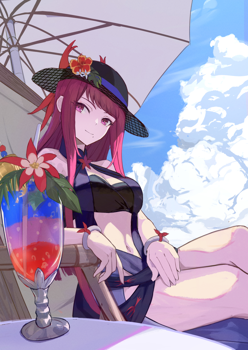 1girl black_hat blue_one-piece_swimsuit casual_one-piece_swimsuit clothing_cutout dress_swimsuit drink fire_emblem fire_emblem_engage fire_emblem_heroes flower flower_umbrella hat hat_flower highres ivy_(fire_emblem) ivy_(summer)_(fire_emblem) mole mole_on_cheek mole_under_mouth nintendo official_alternate_costume one-piece_swimsuit oramustat see-through_clothes see-through_headwear solo stomach_cutout swimsuit tropical_drink umbrella umbrella_flower