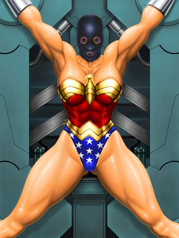 1girl abs armpits arms_up asphyxiation bdsm blue_hair bondage bound breasts cleavage dc_comics female_focus gimp_mask legs leotard long_hair mask muscular restrained s.y.r solo thighs wonder_woman