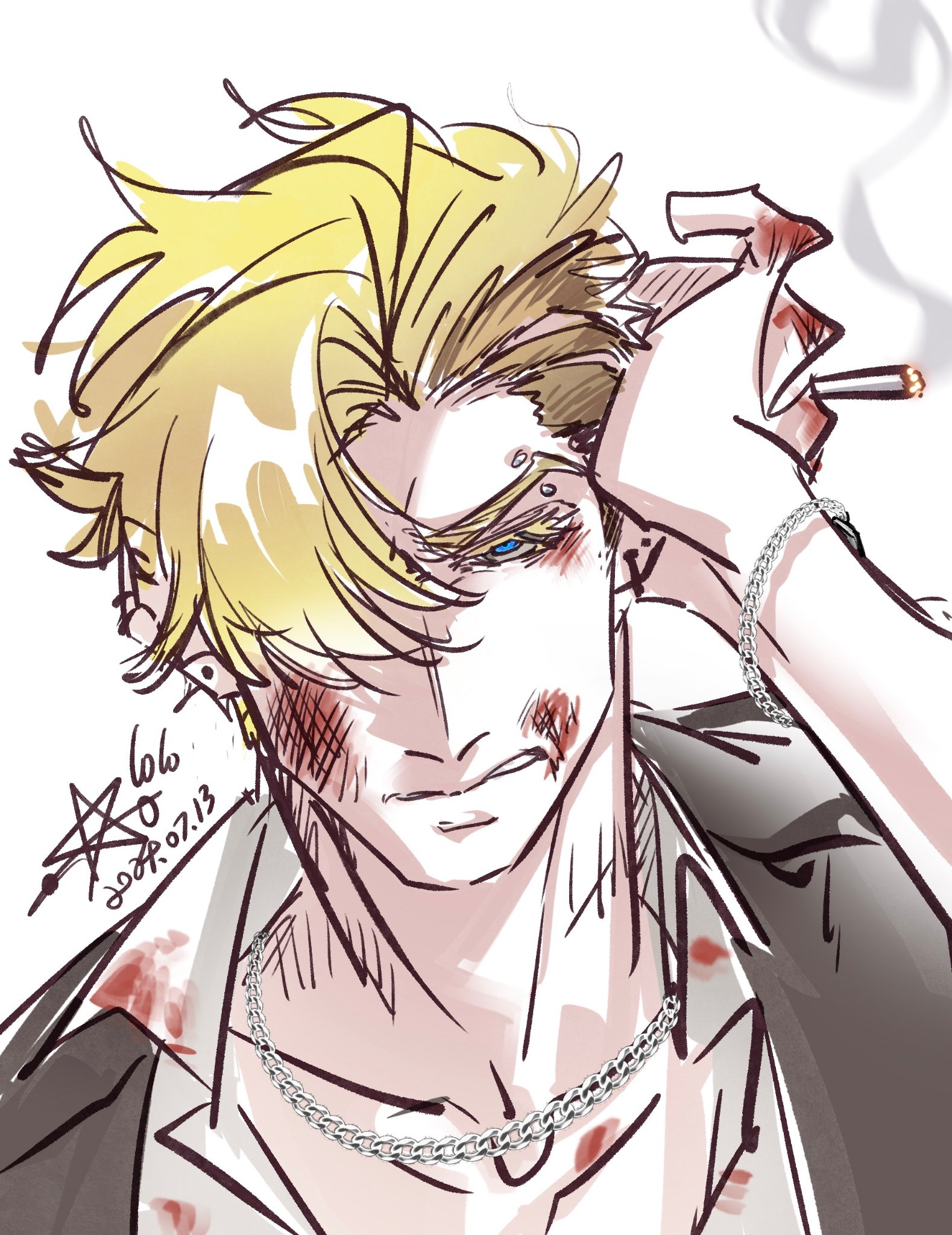 1boy black_jacket blonde_hair blue_eyes bracelet bruise bruise_on_face chain chain_necklace cigarette collared_shirt dated degrees_of_lewdity dtavzqbmhdtvemk eyebrow_piercing hair_over_one_eye highres holding holding_cigarette injury jacket jewelry looking_at_viewer necklace piercing portrait shirt short_hair simple_background white_background white_shirt whitney_(degrees_of_lewdity) whitney_(male)_(degrees_of_lewdity)