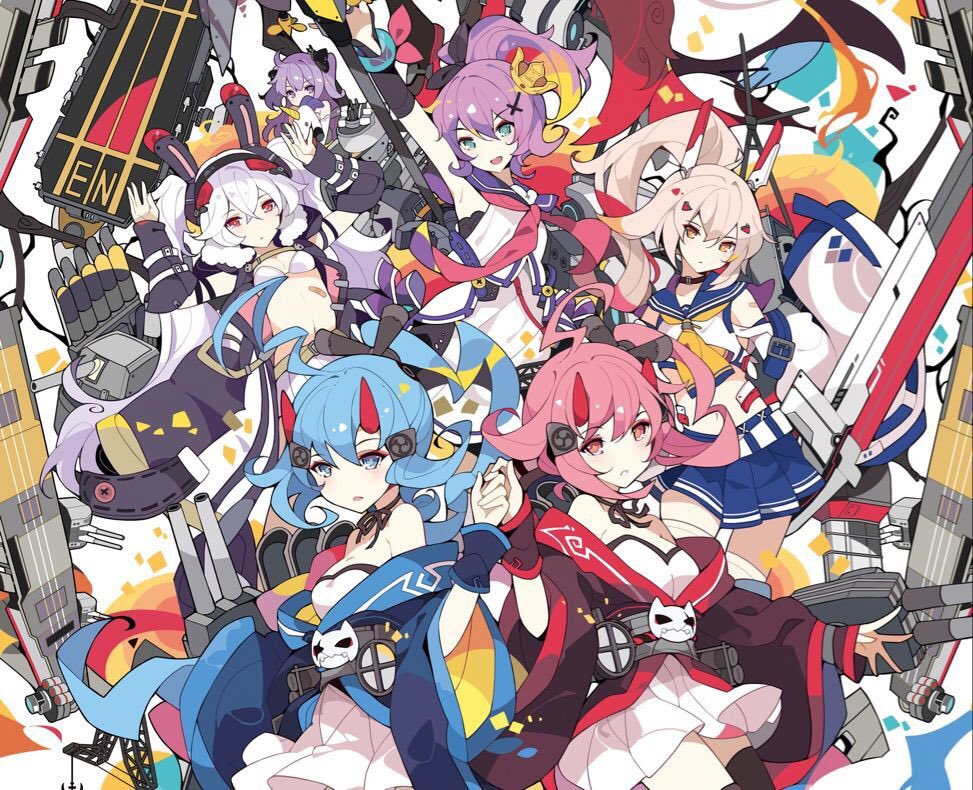6+girls ayanami_(azur_lane) azur_lane bandaid bandaid_on_stomach blue_eyes blue_hair blue_skirt breasts cleavage commentary_request cross_hair_ornament crown detached_sleeves hair_between_eyes hair_ornament horns ideolo ikazuchi_(azur_lane) inazuma_(azur_lane) javelin_(azur_lane) laffey_(azur_lane) laffey_(retrofit)_(azur_lane) light_purple_hair long_hair midriff mini_crown multiple_girls navel oni_horns pink_eyes pink_hair platinum_blonde_hair pleated_skirt ponytail purple_hair retrofit_(azur_lane) rigging side_ponytail sidelocks skirt small_breasts torpedo_tubes unicorn_(azur_lane) white_skirt wide_sleeves yellow_eyes