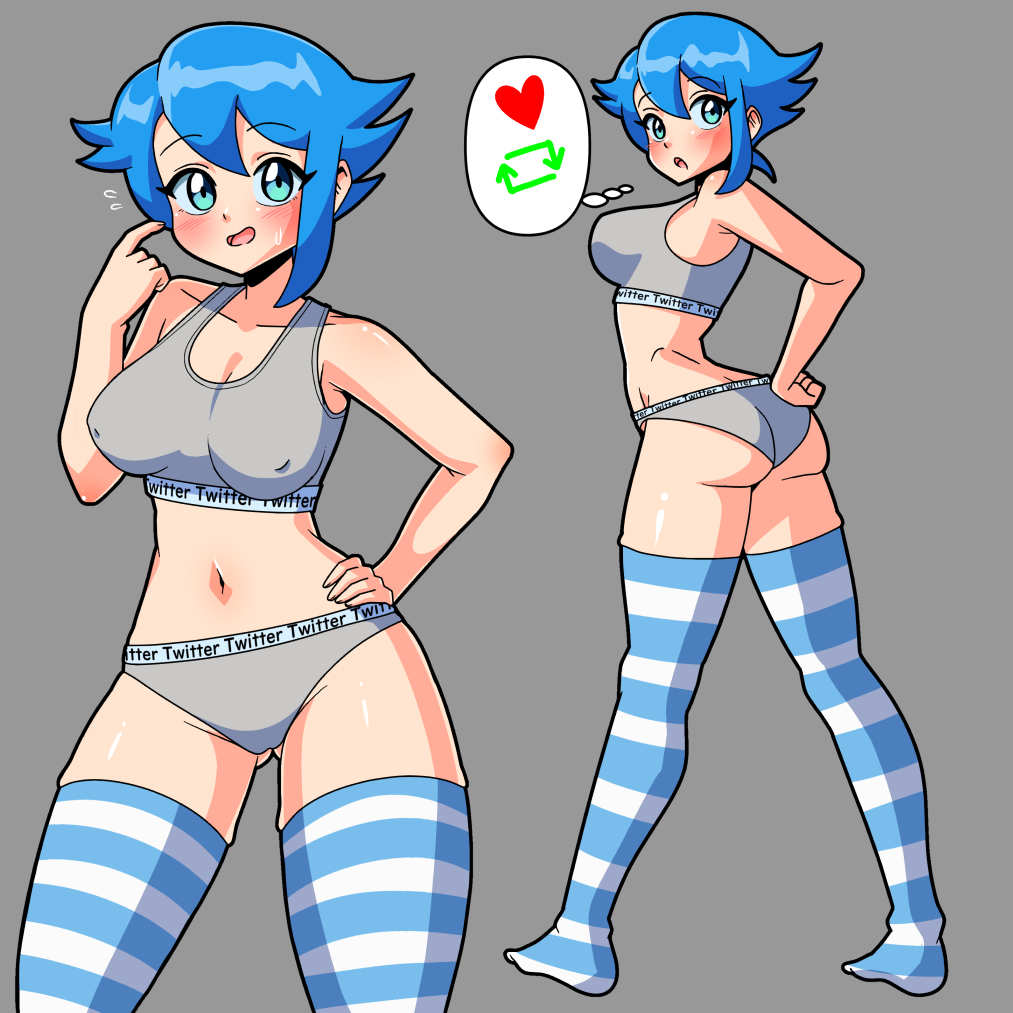 1girl acefish ass bare_shoulders blue_eyes blue_hair blue_thighhighs blush bra breasts briefs covered_erect_nipples gluteal_fold grey_background grey_bra grey_panties hair_between_eyes hand_on_own_ass large_breasts like_and_retweet looking_back male_underwear navel open_mouth panties personification pointing pointing_at_self short_hair smile solo speech_bubble striped_clothes striped_thighhighs sweatdrop thighhighs thighs thought_bubble twitter twitter_bird underwear