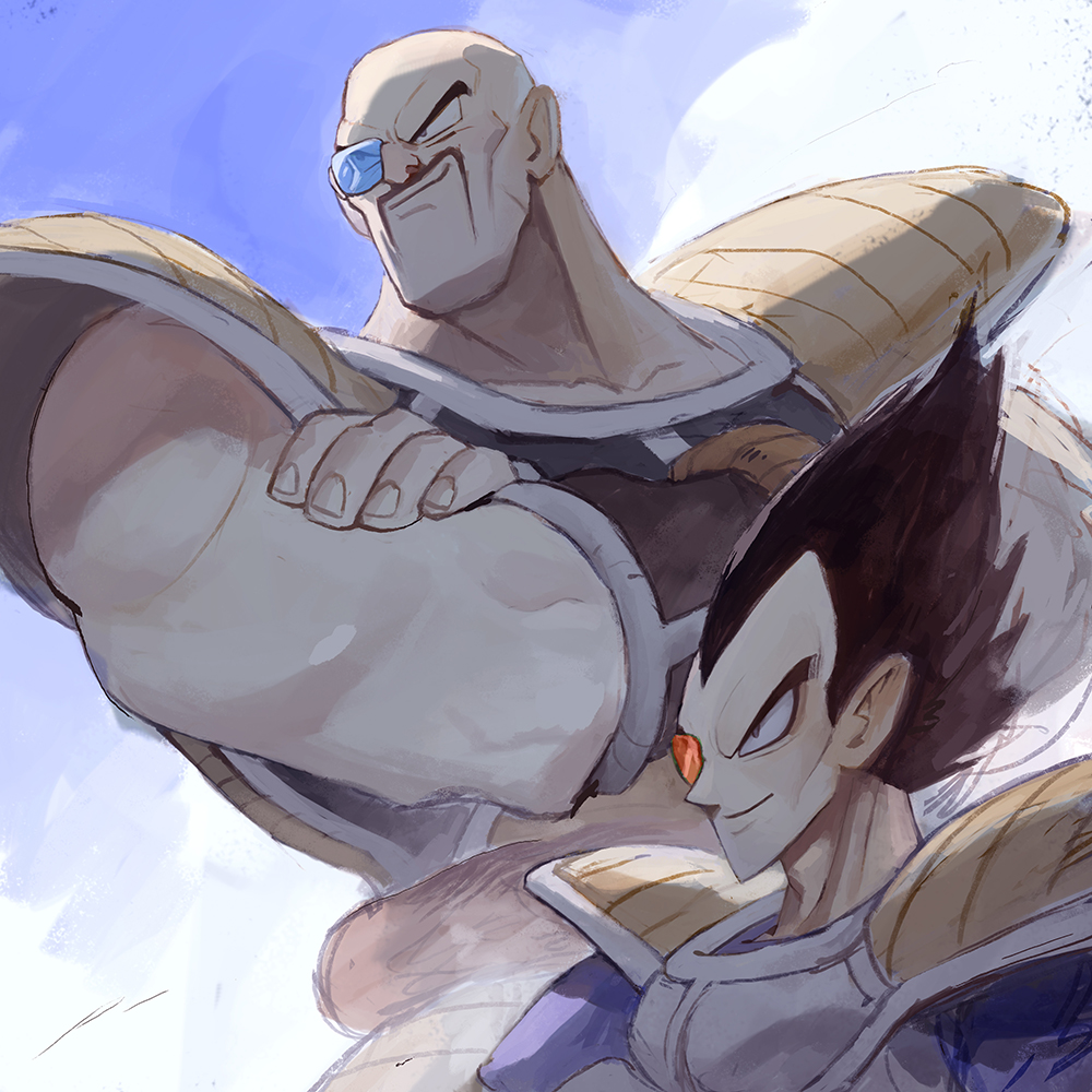 2boys bald black_hair blue_bodysuit bodysuit collarbone crossed_arms dragon_ball dragonball_z facial_hair garrett_hanna height_difference male_focus multiple_boys mustache nappa saiyan saiyan_armor scouter smirk tail_around_waist v-shaped_eyebrows vegeta widow&#039;s_peak wrist_guards