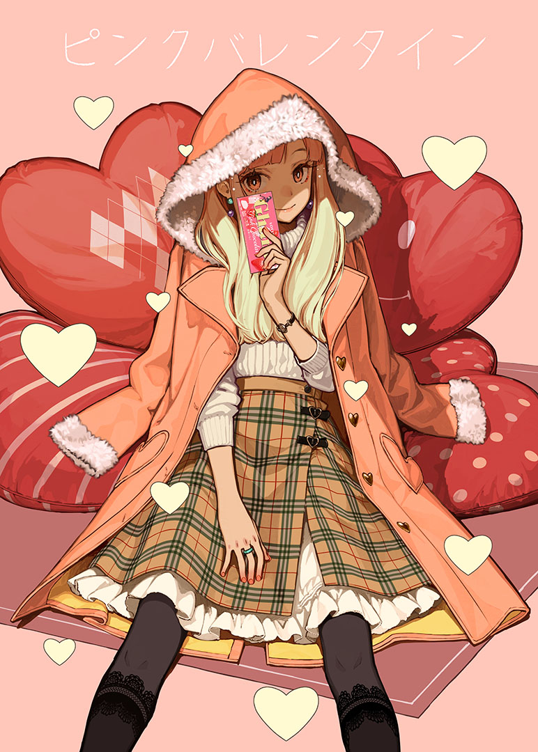 black_legwear blonde_hair blunt_bangs brown_eyes earrings hidari_(left_side) hood hooded_coat jewelry long_hair looking_at_viewer lotte_(company) original ring sitting skirt smile watch wristwatch