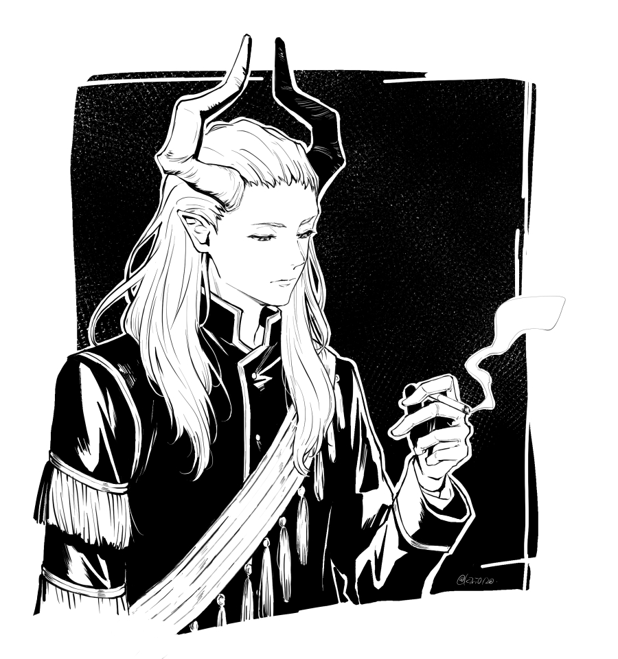 1boy cigarette closed_mouth commentary_request demon_boy demon_horns gloves greyscale hair_slicked_back half-closed_eyes hand_up high_collar holding holding_cigarette horns long_hair long_sleeves looking_down macht_(sousou_no_frieren) male_focus mint_(kiri0120) monochrome pointy_ears sash shoulder_sash smoke solo sousou_no_frieren upper_body