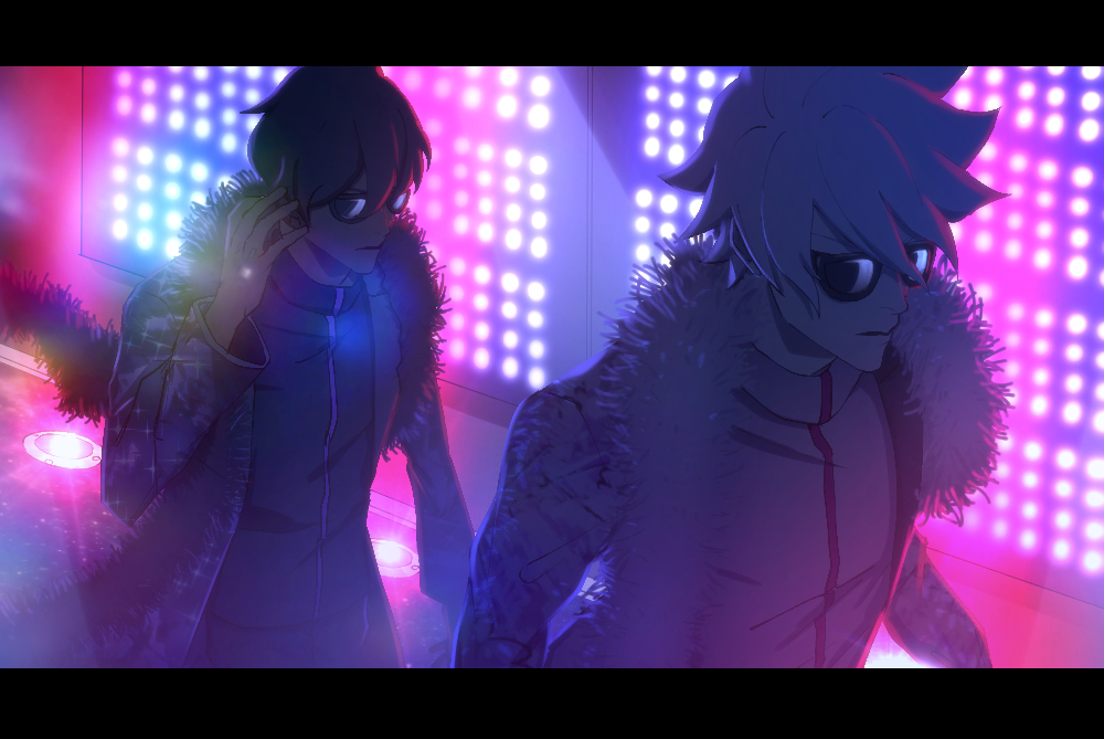 2boys arjuna_(fate) black_coat black_hair coat commentary_request dark-skinned_male dark_skin fate/grand_order fate_(series) fur_scarf karna_(fate) lens_flare letterboxed male_focus multiple_boys pale_skin sunglasses white_coat white_hair yanoooh