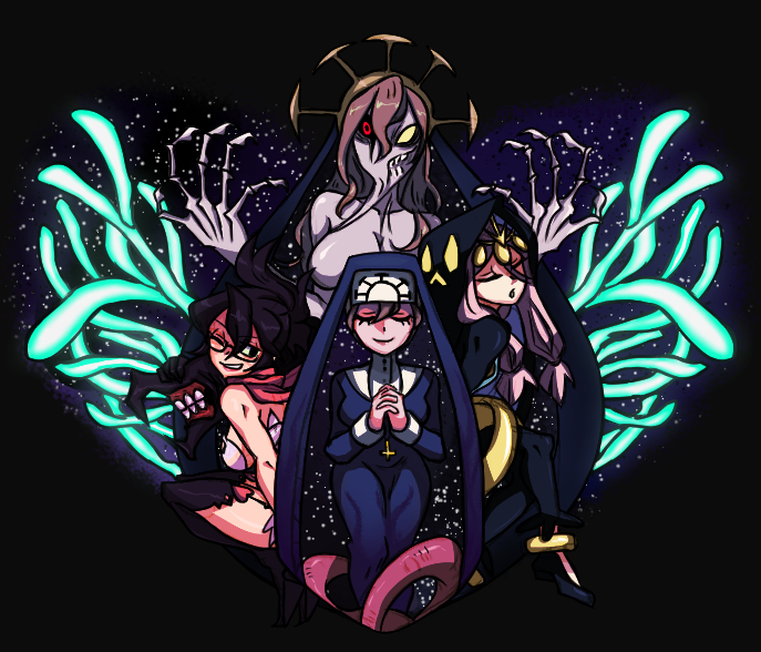 2018 3girls aeon_(skullgirls) anklet black_background cross cross_necklace crown double_(skullgirls) dual_persona extra_mouth folded_ponytail garter_straps glasses gloves glowing glowing_eyes hood jewelry kyouhei_hei long_hair looking_back monster_girl multiple_girls necklace nun one_eye_closed own_hands_together parted_lips pasties pink_hair praying red_eyes scarf siblings sisters sitting skullgirls smile star_(symbol) star_symbol_background thighhighs tiara twintails veins venus_(skullgirls) yellow_eyes