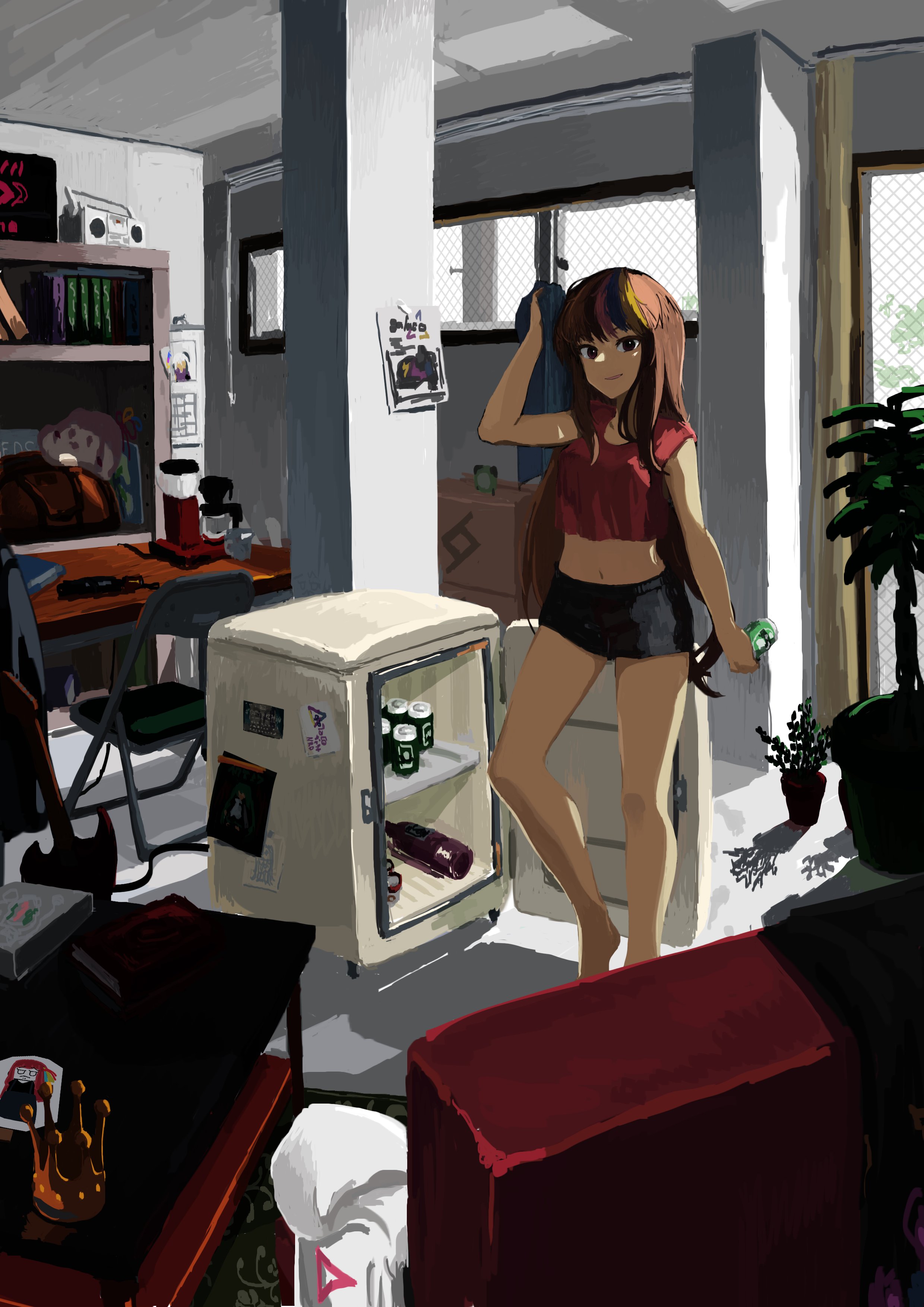 1girl absurdres backlighting blonde_hair blue_hair boombox bottle box brown_hair calendar_(object) can cardboard_box chair coffee_maker crop_top crown folding_chair galaco galaco_(neo) guitar hatsune_miku highres indoors instrument kagari-lunatic loaded_interior long_hair midriff multicolored_hair pillar pink_hair plant potted_plant refrigerator shelf short_shorts short_sleeves shorts smile solo_focus standing standing_on_one_leg table unworn_crown vocaloid window