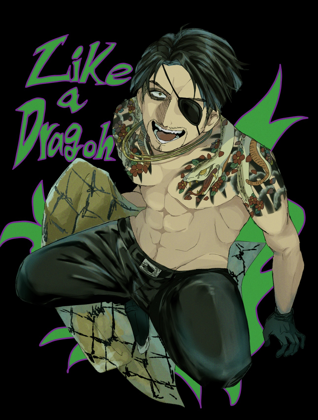 1boy black_hair black_pants eyepatch facial_hair gloves goatee highres holding jacket jewelry leather leather_gloves leather_pants majima_goro male_focus muscular muscular_male necklace one-eyed pants ryuu_ga_gotoku_(series) ryuu_ga_gotoku_1 short_hair snake_print solo tattoo wasadi yakuza