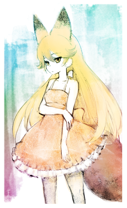 1girl animal_ears blonde_hair border collarbone dress expressionless ezo_red_fox_(kemono_friends) feet_out_of_frame fox_ears fox_girl fox_tail holding_own_arm ise_(0425) kemono_friends long_hair looking_at_viewer orange_dress solo tail white_border yellow_eyes
