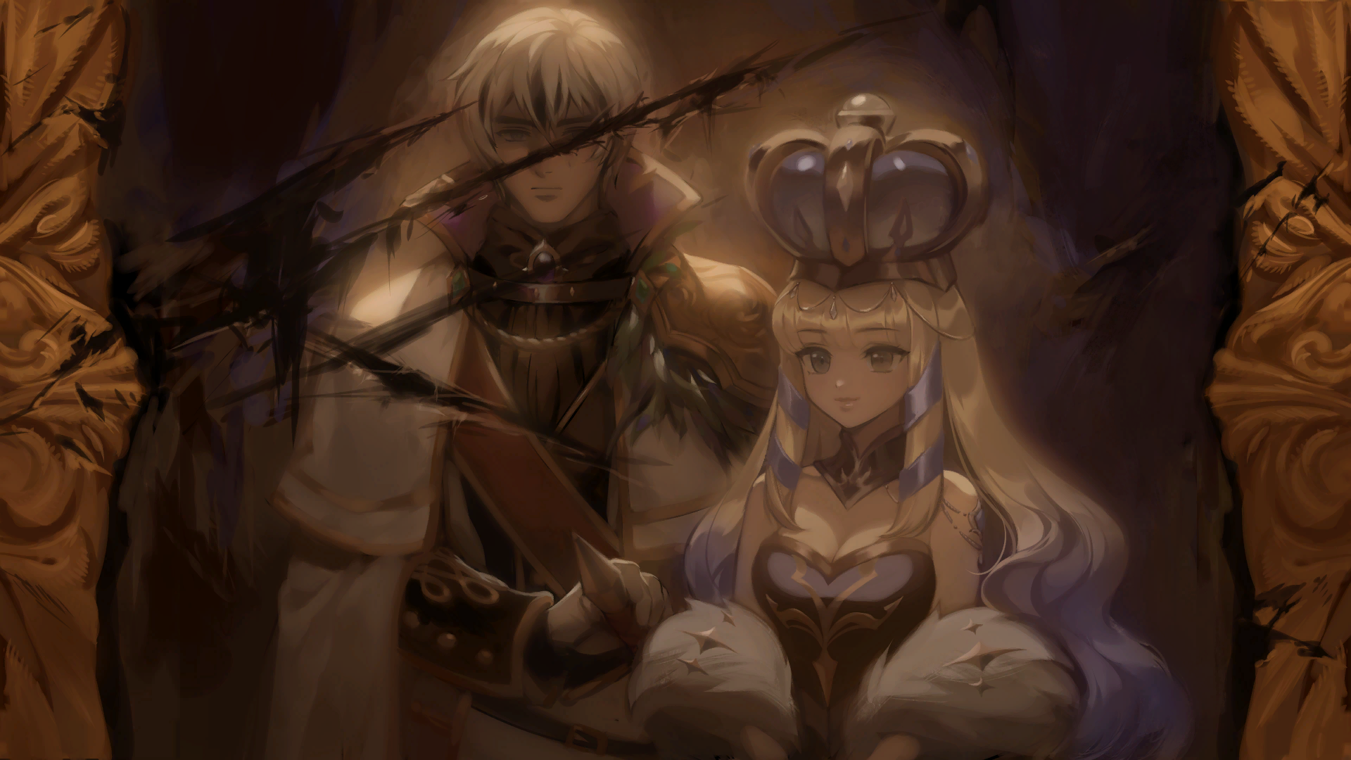 1boy 1girl artist_request bare_shoulders blonde_hair blue_hair breasts character_request check_artist cleavage closed_mouth crown dahlia_(tevi) ein_lee game_cg gradient_hair grey_hair highres large_breasts multicolored_hair non-web_source painting_(object) tevi