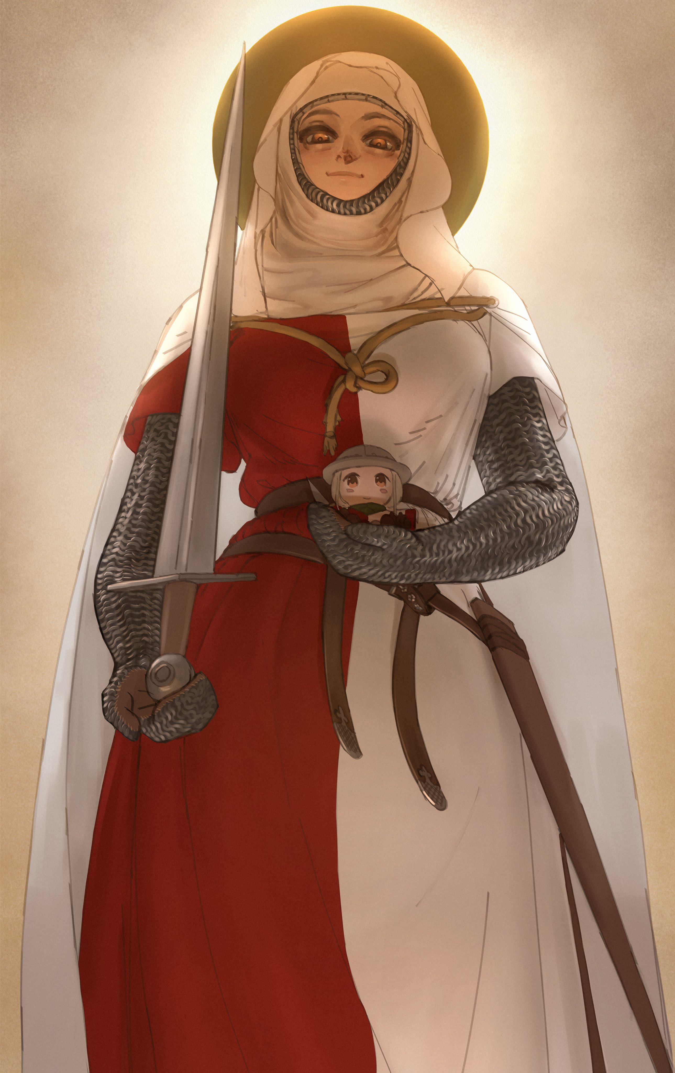 1girl absurdres armor bags_under_eyes belt cape chainmail closed_mouth coif cowboy_shot doll from_below gloves halo halo_behind_head hauberk highres holding holding_doll holding_sword holding_weapon looking_at_viewer ordo_mediare_sisters_(ironlily) red_robe robe saint saint_aileite_(ironlily) scabbard sheath simple_background solo sword two-tone_robe veil wass_nonnam weapon white_cape white_robe white_veil wimple yellow_eyes yellow_halo