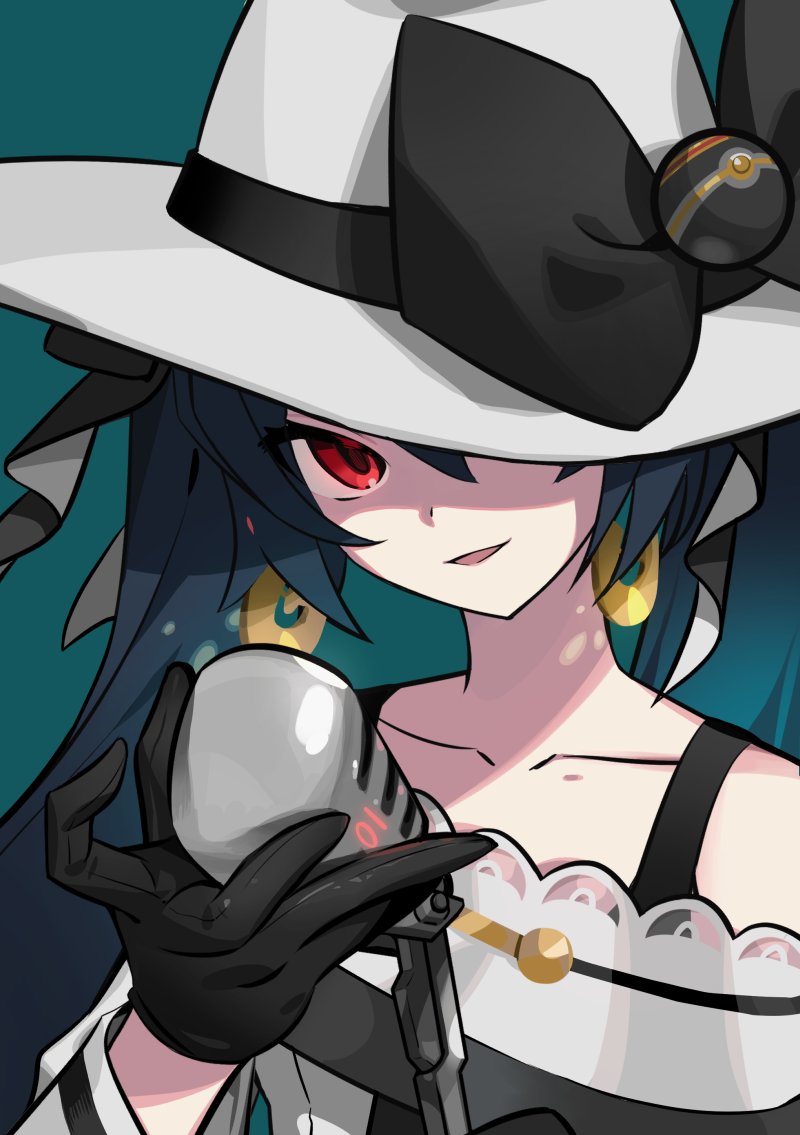1girl aqua_background aqua_hair bare_shoulders black_gloves collarbone commentary dark_miku_(project_voltage) dress earrings gloves gradient_hair hat hatsune_miku holding holding_microphone jewelry long_sleeves looking_at_viewer luxury_ball microphone microphone_stand multicolored_hair nintendo one_eye_covered poke_ball pokemon project_voltage red_eyes simple_background smile solo two-tone_hair vocaloid white_dress white_hat yuura