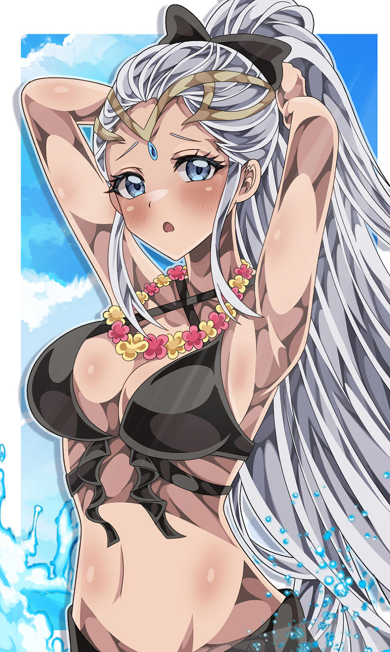 1girl armpits arms_up bikini black_bikini blue_eyes blush bow breasts cleavage commission commissioner_upload eir_(fire_emblem) eir_(summer)_(fire_emblem) fire_emblem fire_emblem_heroes flower flower_necklace gold_tiara grey_hair hair_bow highres jewelry large_breasts lei long_hair navel necklace nintendo official_alternate_costume open_mouth ponytail shiki_(kisikisi1007) sidelocks skeb_commission swimsuit tiara water