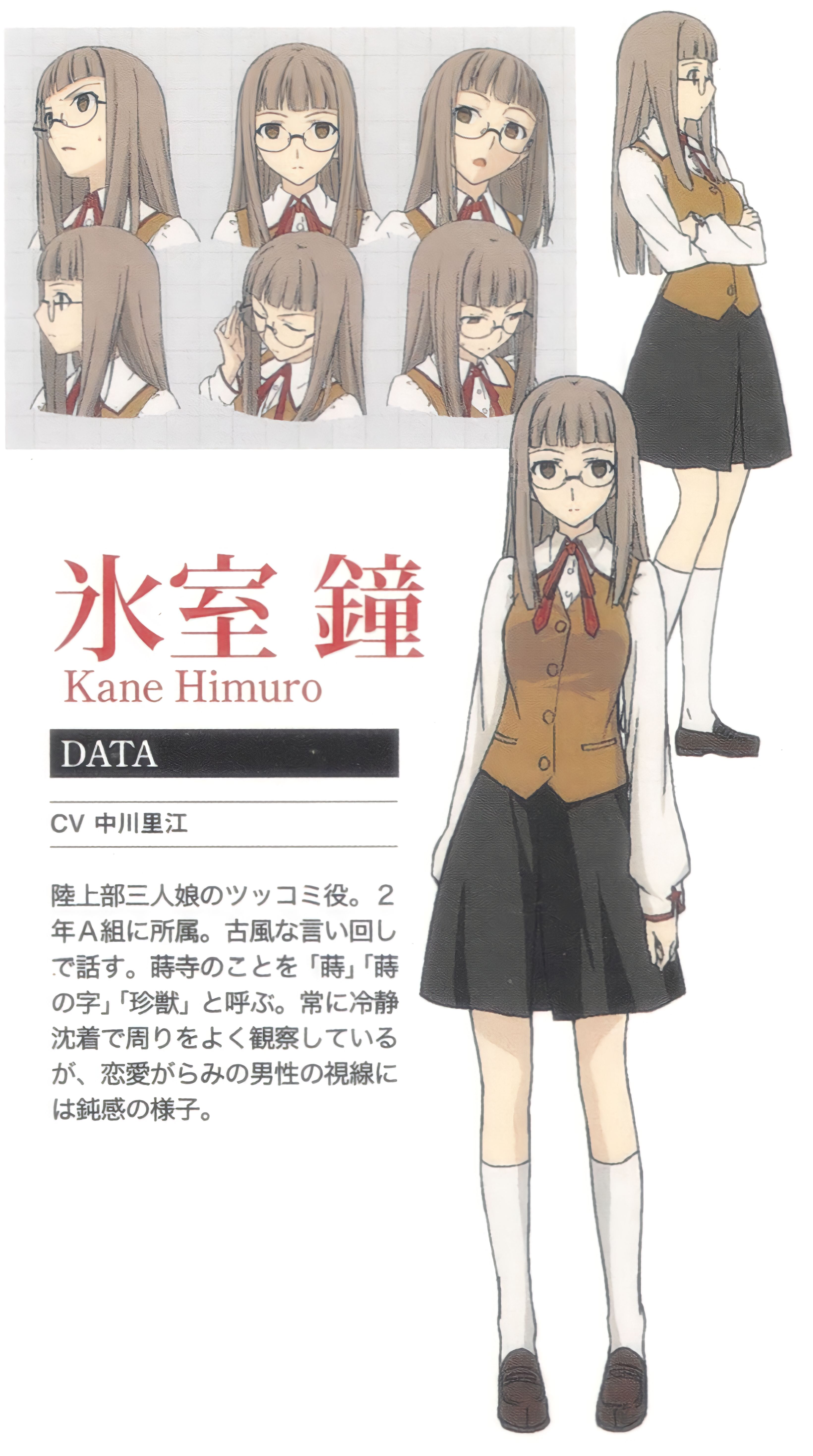 1girl absurdres breasts brown_eyes reference_sheet fate/stay_night fate_(series) glasses grey_hair highres himuro_kane homurabara_academy_school_uniform large_breasts long_hair looking_at_viewer looking_down non-web_source official_art open_mouth round_eyewear school_uniform takeuchi_takashi white_background
