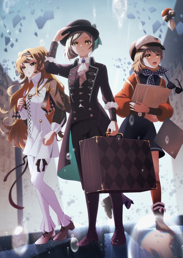 3girls :o ankle_boots apple apple_(reverse:1999) arm_up ascot black_boots black_bow black_bowtie black_coat black_hat black_pants black_vest blue_dress blue_neckerchief boater_hat boots bow bowtie brown_hair building checkered_hairband coat collared_dress dress food fruit full_body glass_pen grey_cloak grey_hair grey_shoes grey_sky grey_sleeves hair_bun hairband hand_on_headwear hand_up hat high_collar holding holding_pen holding_record_jacket hugging_object long_hair looking_up milmil7 multiple_girls neckerchief newsboy_cap open_mouth orange_eyes orange_hair pants pants_under_dress pen polka_dot_neckerchief rain record_jacket red_socks regulus_(reverse:1999) reverse:1999 shattered shirt shoes short_dress short_hair single_side_bun sky socks sonetto_(reverse:1999) standing suitcase sunglasses traditional_bowtie two_side_up unworn_eyewear vertin_(reverse:1999) very_long_hair vest waistcoat water_drop white_ascot white_dress white_pants white_shirt
