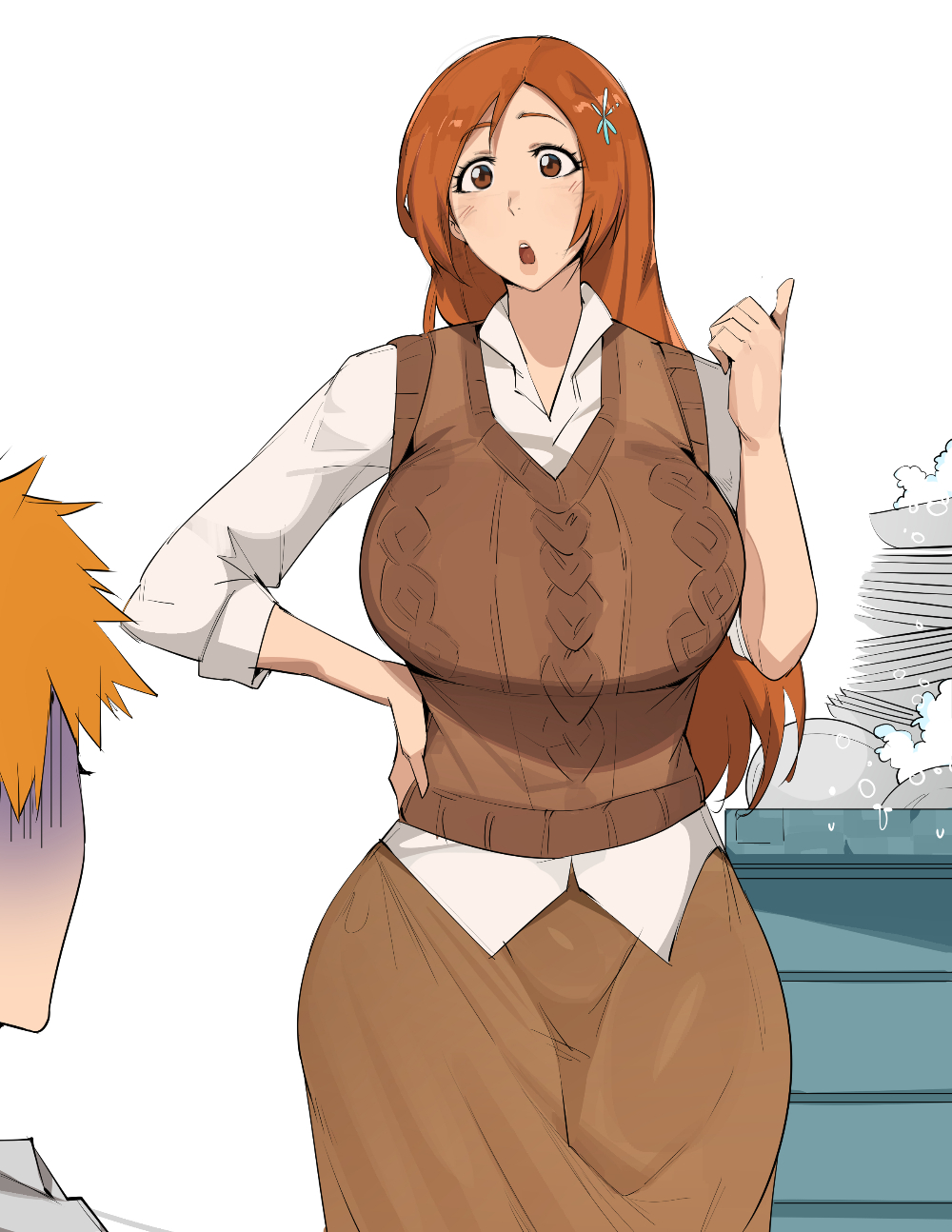 bleach blush breasts brown_eyes brown_hair brown_sweater_vest collarbone dr_octojuice gloom_(expression) hair_ornament hand_on_own_hip highres huge_breasts husband_and_wife inoue_orihime kurosaki_ichigo mature_female open_mouth orange_hair partially_shaded_face plate pointing shirt sink skirt soap spiked_hair sweater_vest thick_thighs thighs wet white_shirt wide_hips