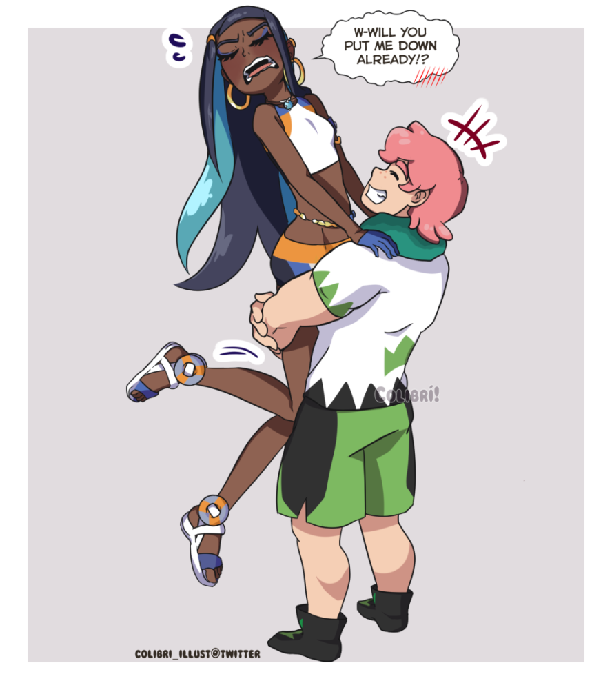 1boy 1girl armlet black_hair blue_hair dark-skinned_female dark_skin earrings embarrassed english_text freckles gloves gym_leader hair_bun hat hoop_earrings jewelry lifting_person long_hair milo_(pokemon) multicolored_hair nessa_(pokemon) nintendo pink_hair pokemon pokemon_swsh sandals shirt shoopuf single_glove single_hair_bun smile tsundere two-tone_hair