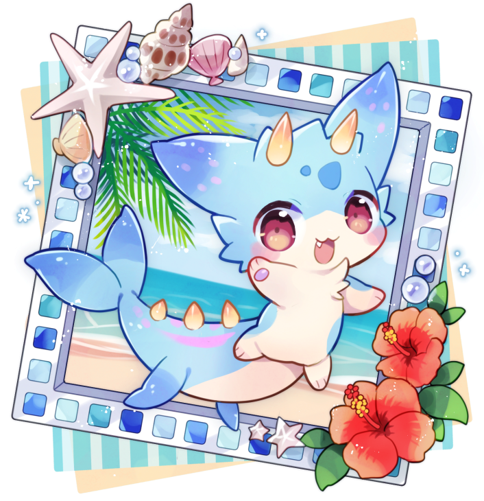 :3 :d beach blush_stickers borrowed_character clam_shell commentary_request commission day fang flower full_body horns looking_at_viewer no_humans ocean okamori_kuo open_mouth original outdoors palm_tree red_eyes red_flower skeb_commission smile solo tree yellow_horns