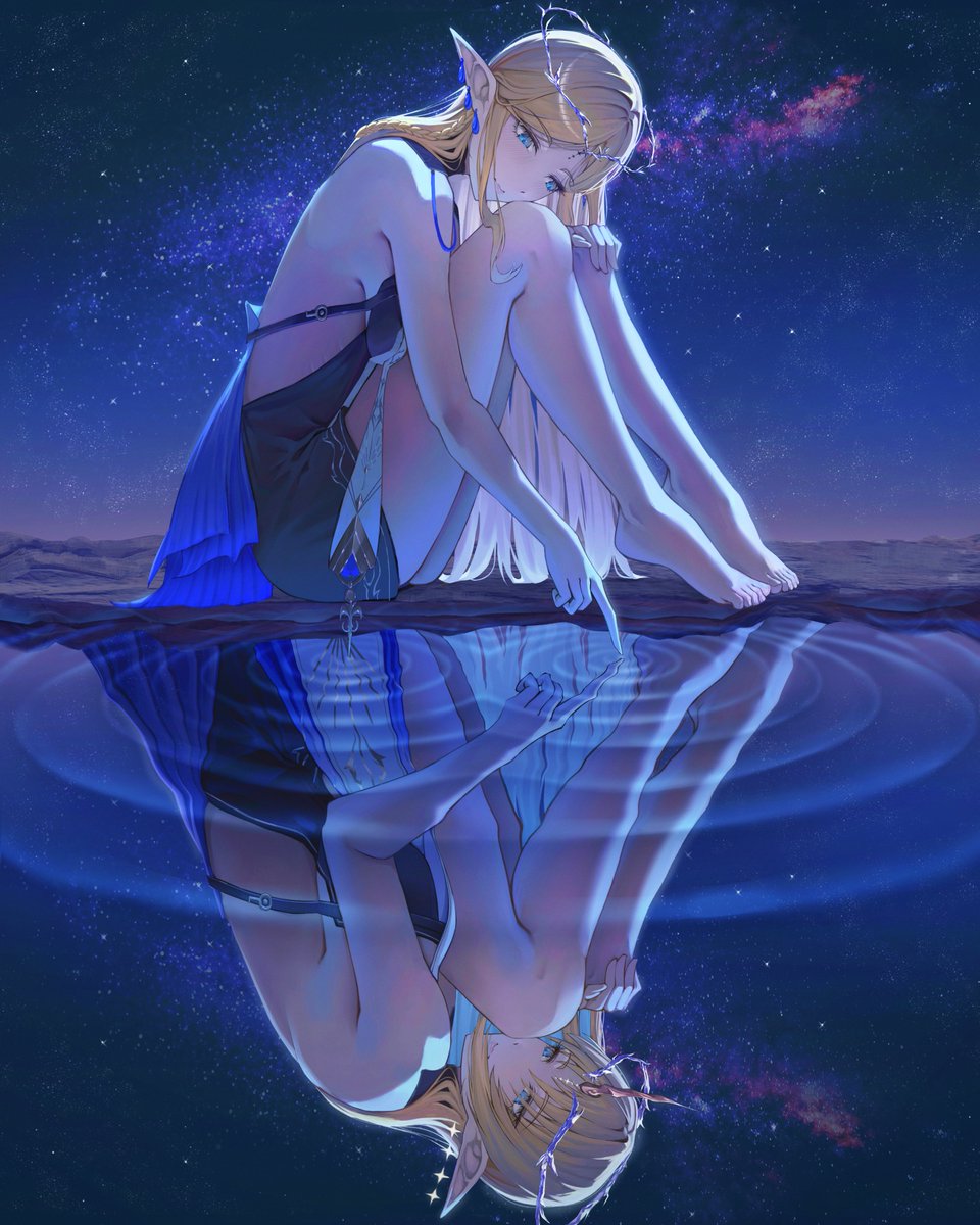 1girl bare_shoulders barefoot black_dress blonde_hair blue_eyes breasts cartethyia_(wuthering_waves) chco closed_mouth commentary crown_of_thorns different_reflection dress earrings english_commentary fleurdelys_(wuthering_waves) floating_earrings from_side highres horns jewelry knees_up large_breasts long_hair looking_at_reflection medium_breasts night night_sky outdoors pointy_ears reflection revision ripples sidelocks single_horn sitting sky smile solo tacet_mark_(wuthering_waves) thighs toes very_long_hair wuthering_waves yellow_horns
