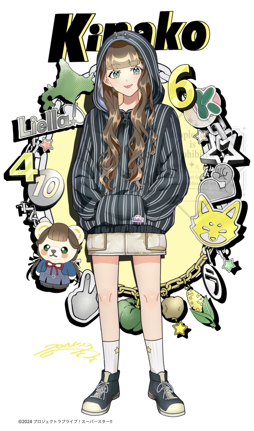 1girl alternate_hairstyle blunt_bangs brown_hair commentary_request full_body green_eyes hair_down hands_in_pockets highres hood hooded_jacket jacket long_hair looking_at_viewer love_live! love_live!_superstar!! official_art ponko517 sakurakoji_kinako shorts solo standing tongue tongue_out watermark wavy_hair white_background