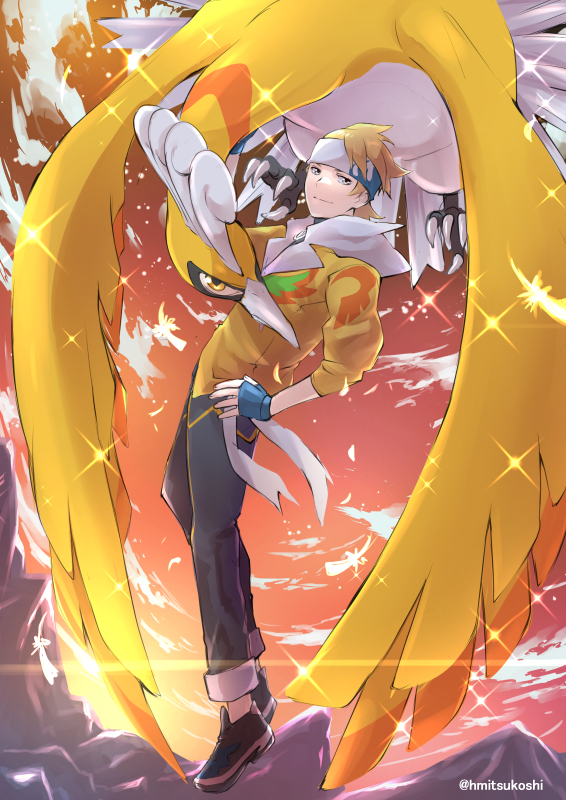 1boy alternate_color bird black_footwear blonde_hair blue_gloves feathers fingerless_gloves gen_2_pokemon gloves hand_on_own_hip headband ho-oh jacket legendary_pokemon male_focus mitsukoshi_haruha morty_(pokemon) morty_(sygna_suit)_(pokemon) nintendo official_alternate_costume outdoors pants pokemon pokemon_(creature) pokemon_masters_ex shiny_pokemon shoes short_hair sparkle twitter_username yellow_jacket