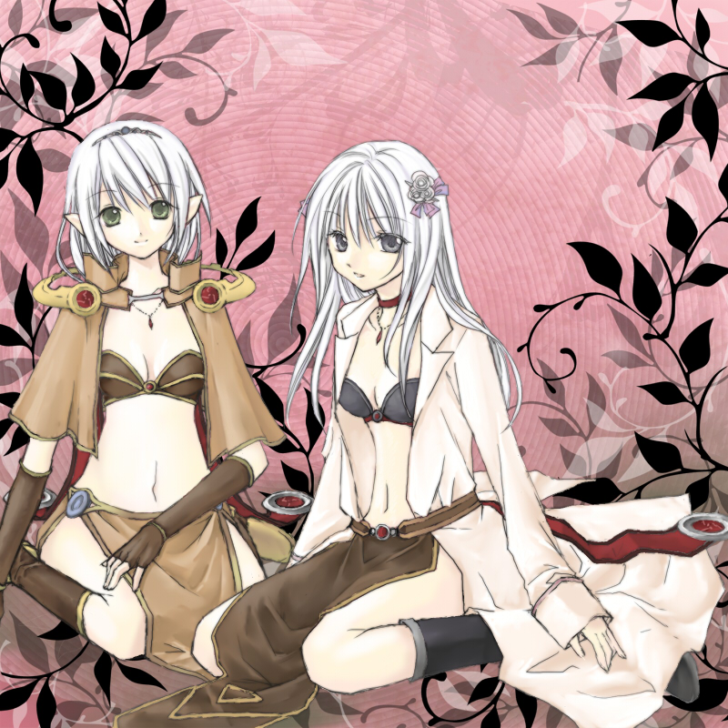 2000s_(style) 2girls alternate_costume bikini bikini_top_only black_boots black_bra boots bra breasts brown_bikini brown_capelet brown_gloves brown_skirt capelet cleavage closed_mouth coat commentary_request fingerless_gloves full_body gloves green_eyes grey_eyes jewelry koruneiyu lab_coat long_hair looking_at_viewer medium_breasts multiple_girls navel necklace open_mouth pelvic_curtain pink_background pointy_ears professor_(ragnarok_online) ragnarok_online sage_(ragnarok_online) seiza sitting skirt smile swimsuit underwear white_coat white_hair