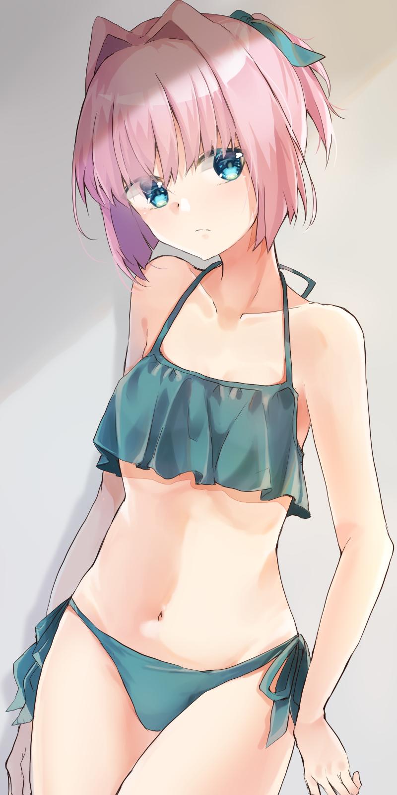 bikini blue_eyes cosplay eyes_visible_through_hair green_bikini hair_intakes highres kantai_collection kasumi_(kancolle) kasumi_(kancolle)_(cosplay) kasumi_kai_ni_(kancolle) kasumi_kai_ni_(swimsuit)_(kancolle) navel pink_hair ponytail shiranui_(kancolle) short_hair short_ponytail side-tie_bikini_bottom sidelocks simple_background solo swimsuit u_yuz_xx