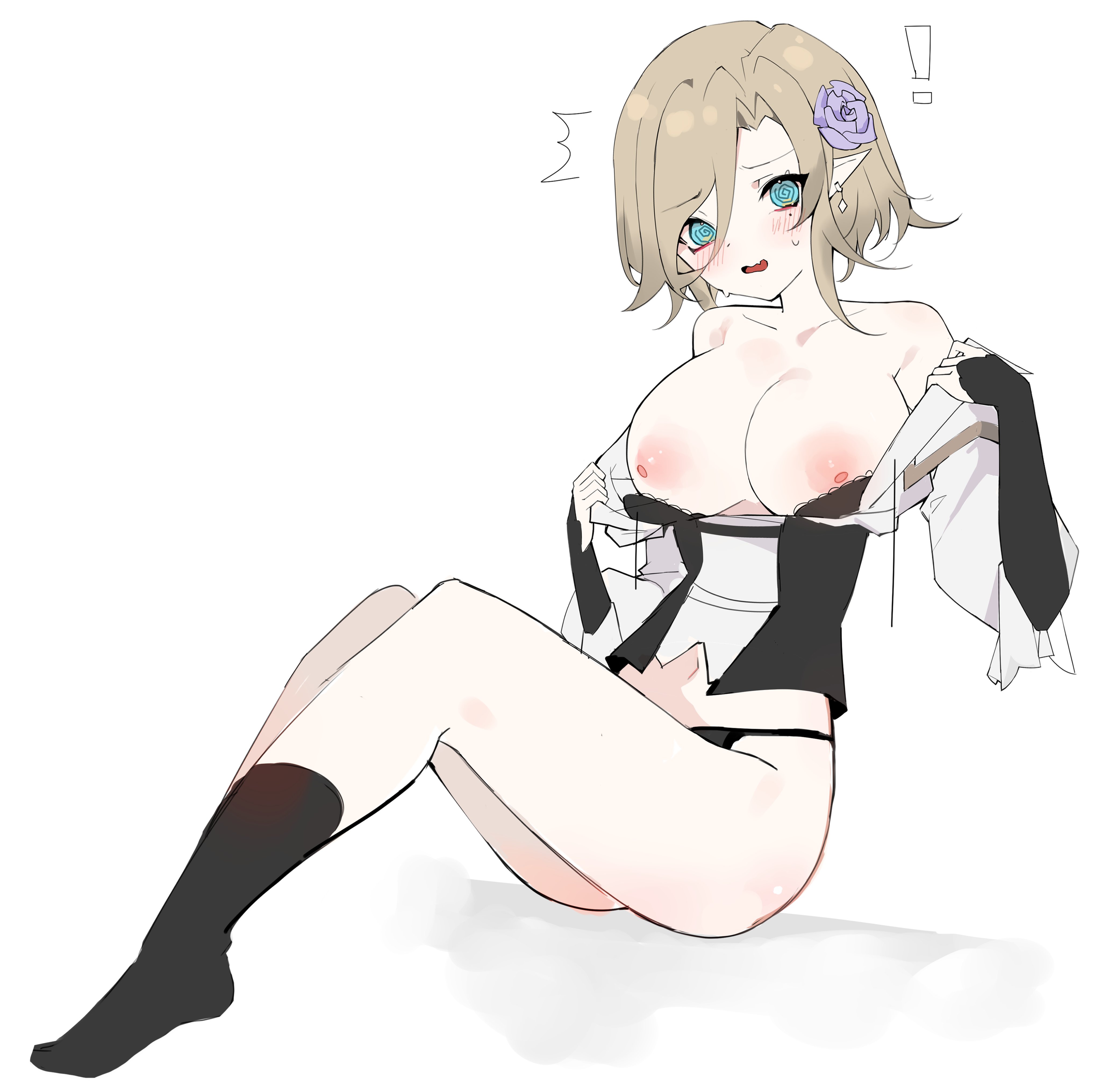 ! 1girl @_@ absurdres aqua_eyes black_bra black_panties black_socks blonde_hair blush bra breasts earrings full_body highres indie_virtual_youtuber jewelry kiseki_miya large_breasts medium_hair mewraii mole mole_under_eye navel nipples notice_lines open_mouth panties pointy_ears socks solo sweat underwear undressing virtual_youtuber