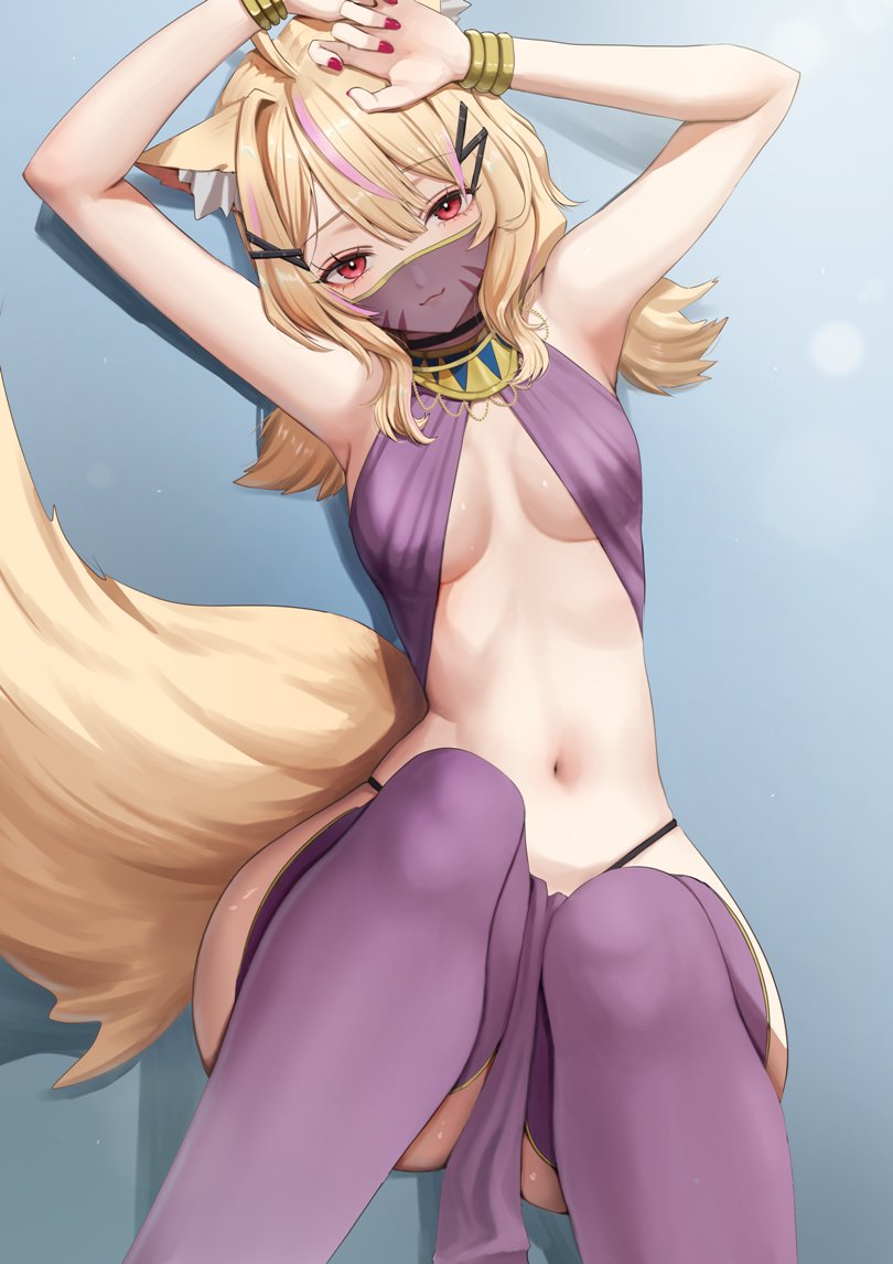 1girl animal_ear_fluff animal_ears arms_up bare_shoulders blonde_hair bracelet breasts cat_ears cat_girl cat_tail commission facial_mark harem_outfit indie_virtual_youtuber jewelry long_hair looking_at_viewer lying medium_breasts mouth_veil multicolored_hair navel on_back pelvic_curtain pink_hair purple_thighhighs red_eyes red_nails second-party_source see-through_clothes see-through_veil shyrei_faolan skeb_commission solo streaked_hair tail thighhighs veil virtual_youtuber whisker_markings yamamori_kinako