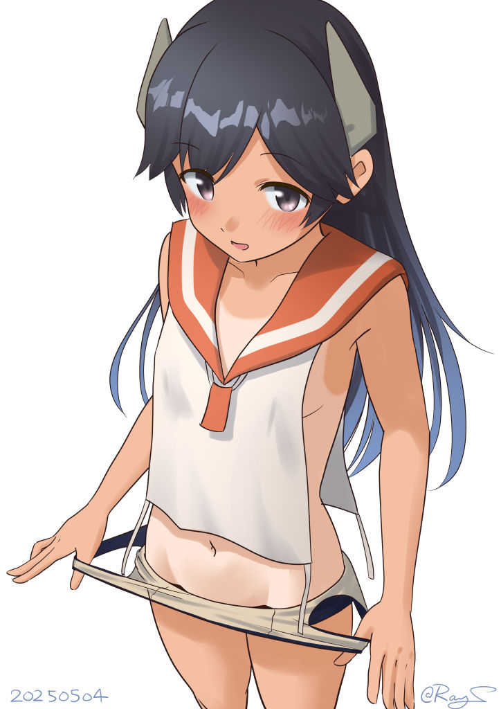 1girl black_eyes black_hair black_one-piece_swimsuit clothes_pull cowboy_shot groin headgear i-400_(kancolle) kantai_collection long_hair navel one-hour_drawing_challenge one-piece_swimsuit one-piece_swimsuit_pull one-piece_tan orange_sailor_collar ray.s sailor_collar shirt side-tie_shirt simple_background sleeveless sleeveless_shirt solo swimsuit swimsuit_under_clothes tan tanline undressing white_background
