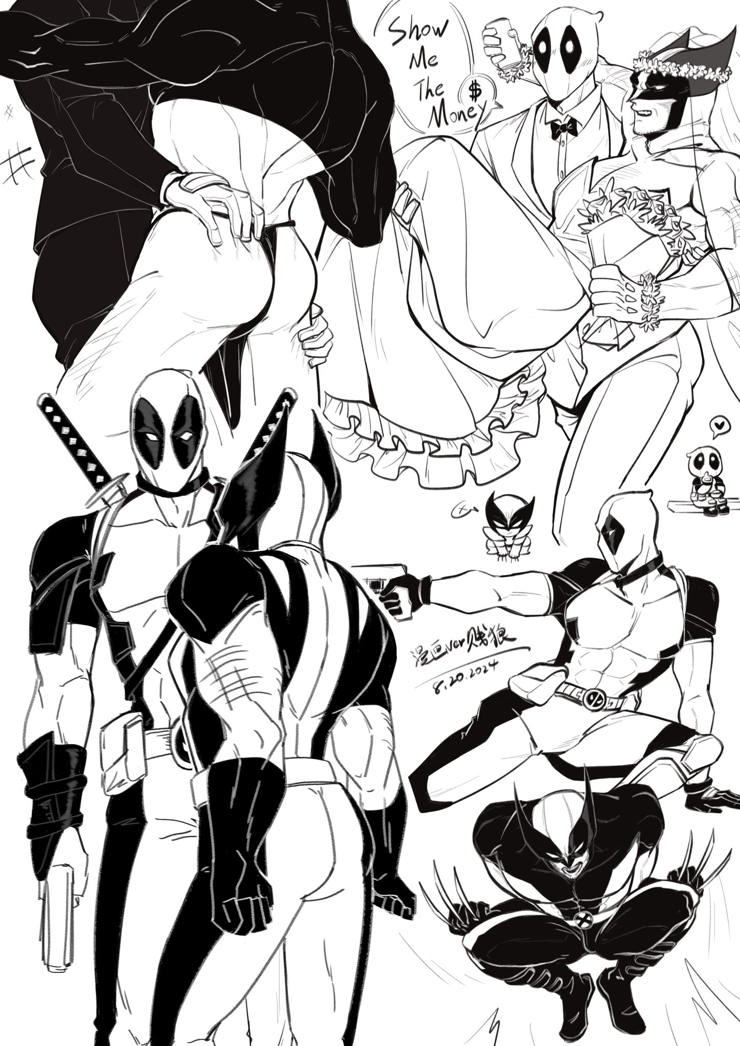 2boys arm_hair ass back belt blush bodysuit bouquet bridal_veil carrying chest_hair chibi claw_(weapon) clenched_hands couple crop_top deadpool deadpool_(series) dress english_text facial_hair fighting_stance flower formal_clothes gloves grabbing_another's_ass groping gun head_wreath heart height_difference highres holding holding_bouquet holding_gun holding_weapon husband_and_husband jacket large_pectorals leg_hair looking_at_another male_focus marvel mask monochrome multiple_boys multiple_views pants pectorals princess_carry revealing_clothes shirt siyi1996 speech_bubble spoken_heart suit superhero_costume sword sword_on_back teeth veil weapon weapon_on_back wedding_dress wolverine_(x-men) x-men yaoi