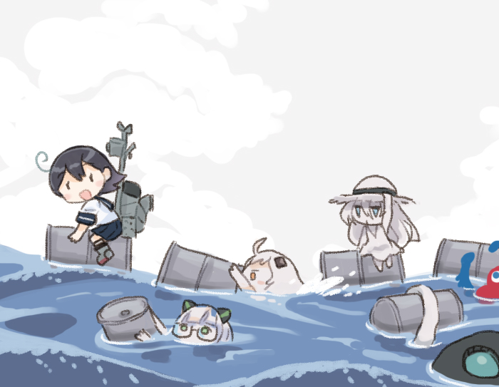 3girls abyssal_ship black_hair black_sailor_collar black_skirt character_name commentary_request dress drum_(container) expo2025 kantai_collection long_hair machinery multiple_girls myaku-myaku northern_little_sister pleated_dress riding saiguchi_otoufu sailor_collar school_uniform serafuku simple_background skirt smokestack ushio_(kancolle) water white_background