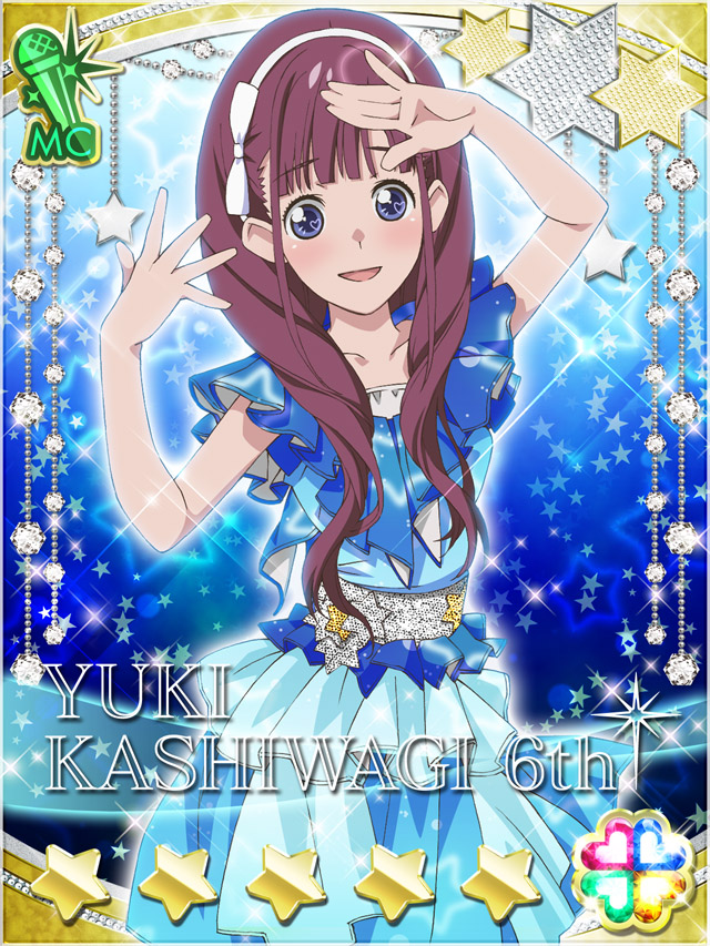 1girl :d akb0048 arm_up blue_background blue_dress blue_eyes bow bow_hairband card_(medium) character_name cowboy_shot dress hair_bow hairband heart kashiwagi_yuki_(akb0048) long_hair looking_at_viewer non-web_source official_art open_mouth purple_hair sleeveless sleeveless_dress smile solo sparkle standing star_(symbol) white_bow white_hairband