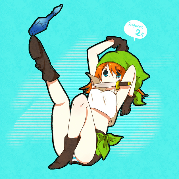 1990s_(style) 1girl bandana blue_eyes boots bottle female_focus final_fantasy final_fantasy_iii full_body gloves knife long_hair midriff mouth_hold orange_hair panties pantyshot potion refia retro_artstyle solo striped_clothes striped_panties tank_top u-duki underwear upskirt