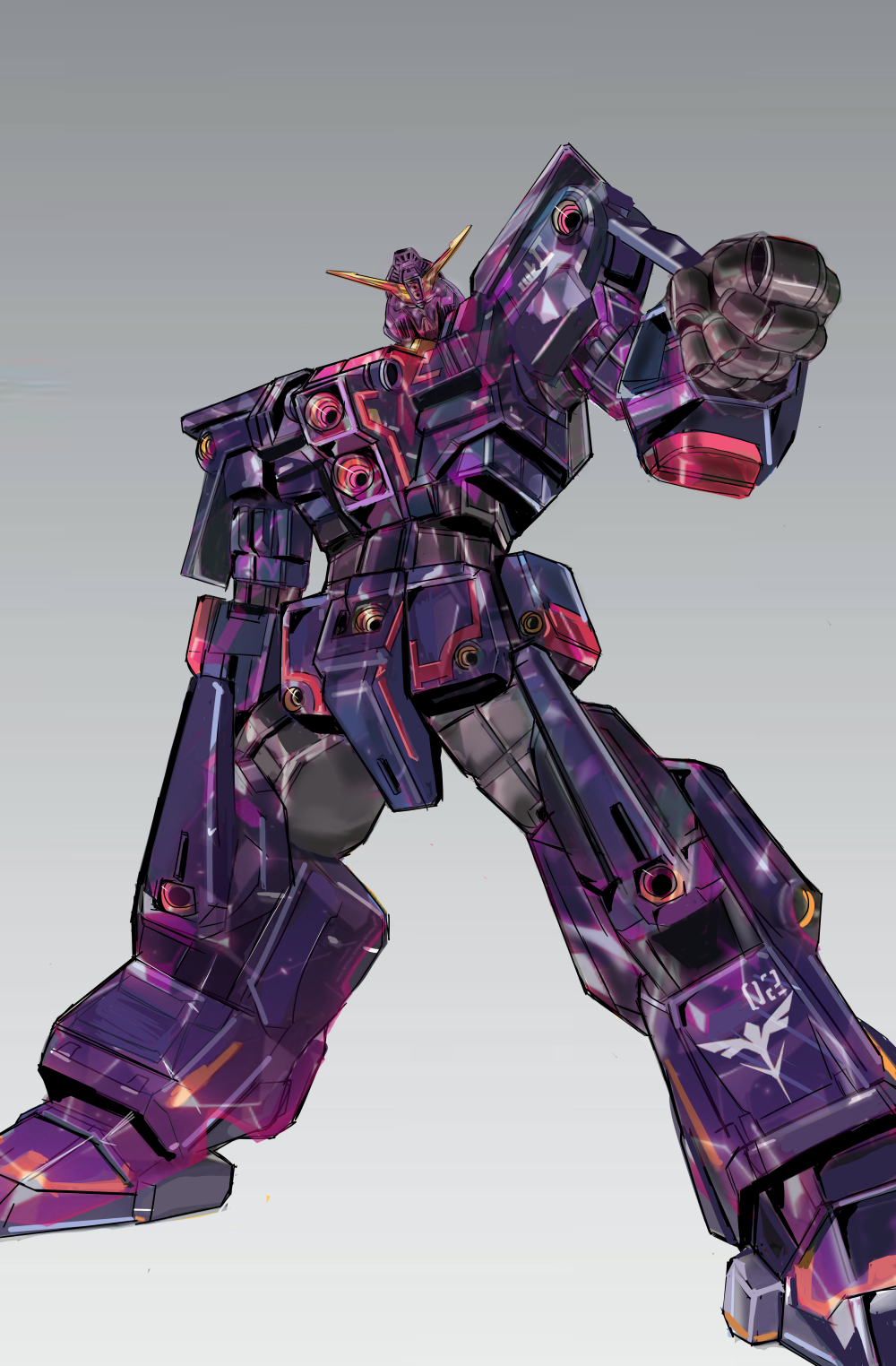 beam_cannon character_name commentary_request derivative_work emblem glint gradient_background gundam gundam_zz highres huo_ji_wu machinery mecha mecha_focus mobile_suit neo_zeon no_humans original psyco_gundam_mk_ii redesign robot roundel science_fiction sketch v-fin