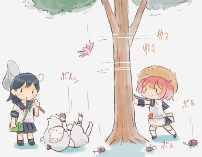 2girls apron black_hair black_sailor_collar black_skirt box bug butterfly_net cicada hand_net hat insect kantai_collection long_hair multiple_girls northern_little_sister pink_eyes pleated_skirt pushing rabbit saiguchi_otoufu sailor_collar sailor_shirt sazanami_(kancolle) sazanami_kai_(kancolle) school_uniform serafuku shaking shirt short_hair skirt standing straw_hat sun_hat tree twintails ushio_(kancolle) white_apron white_hair