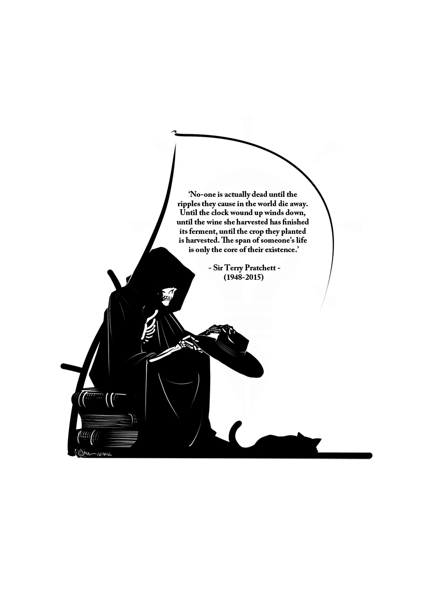 1boy book book_stack cat cloak death_(discworld) death_(entity) discworld english_text greyscale grim_reaper hat highres holding holding_unworn_clothes holding_unworn_hat hood inkthinker monochrome scythe sitting skeleton skull tail terry_pratchett unworn_hat unworn_headwear weapon