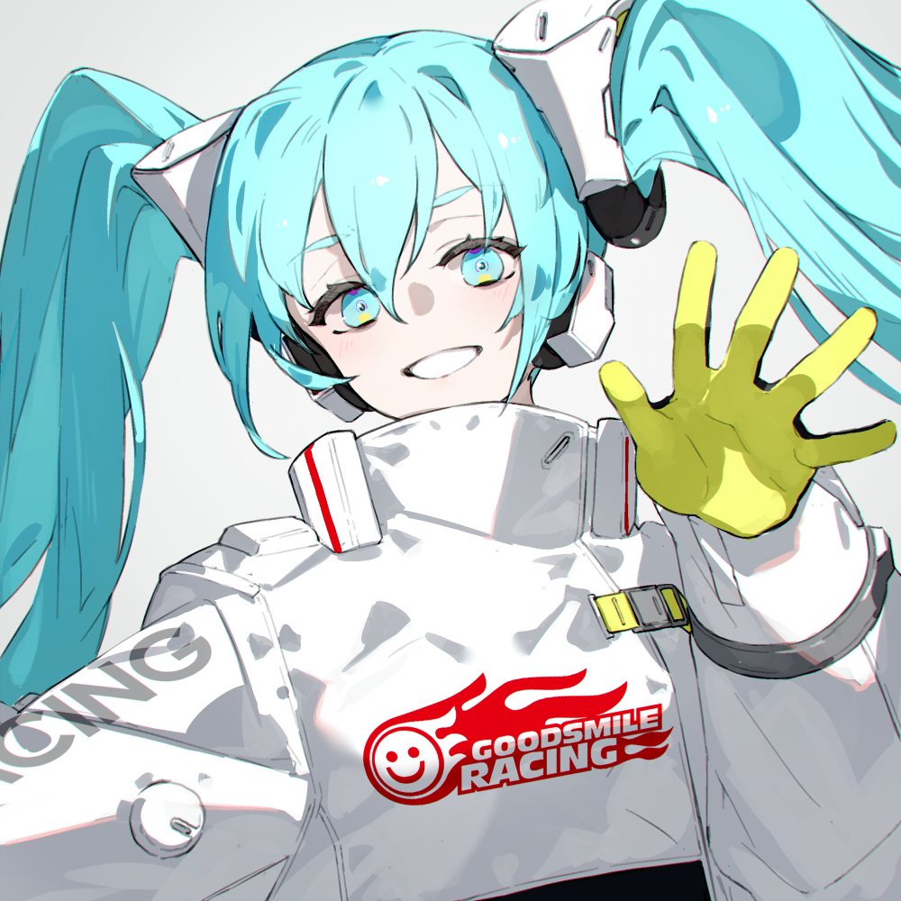 1girl aqua_eyes aqua_hair cropped_jacket cyber_fashion double-parted_bangs gloves goodsmile_racing green_gloves grey_background grin hair_between_eyes hand_up hatsune_miku jacket long_hair looking_at_viewer neco racing_miku racing_miku_(2022) simple_background smile solo twintails upper_body vocaloid waving white_jacket