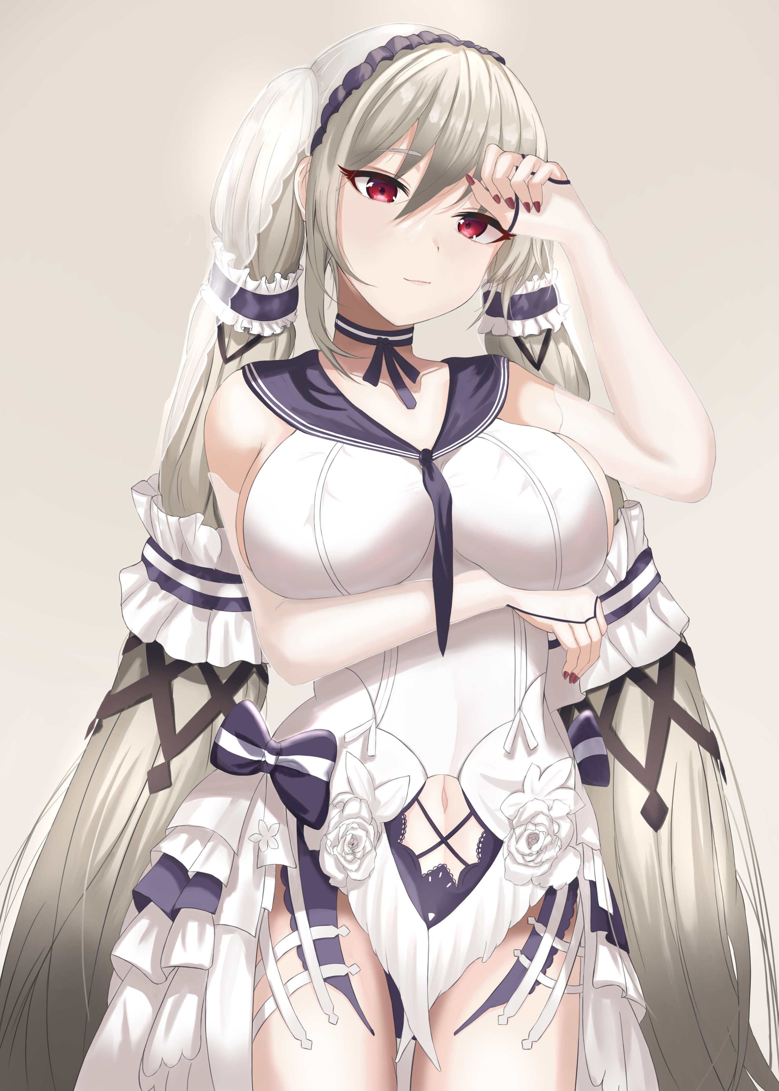 1girl absurdres azur_lane breasts closed_mouth collarbone dress elbow_gloves feet_out_of_frame formidable_(azur_lane) formidable_(timeless_classics)_(azur_lane) gloves hair_ribbon hand_on_forehead highres large_breasts long_hair looking_at_viewer nail_polish navel official_alternate_costume partially_fingerless_gloves platinum_blonde_hair raurashun red_eyes red_nails ribbon simple_background solo standing twintails very_long_hair white_dress